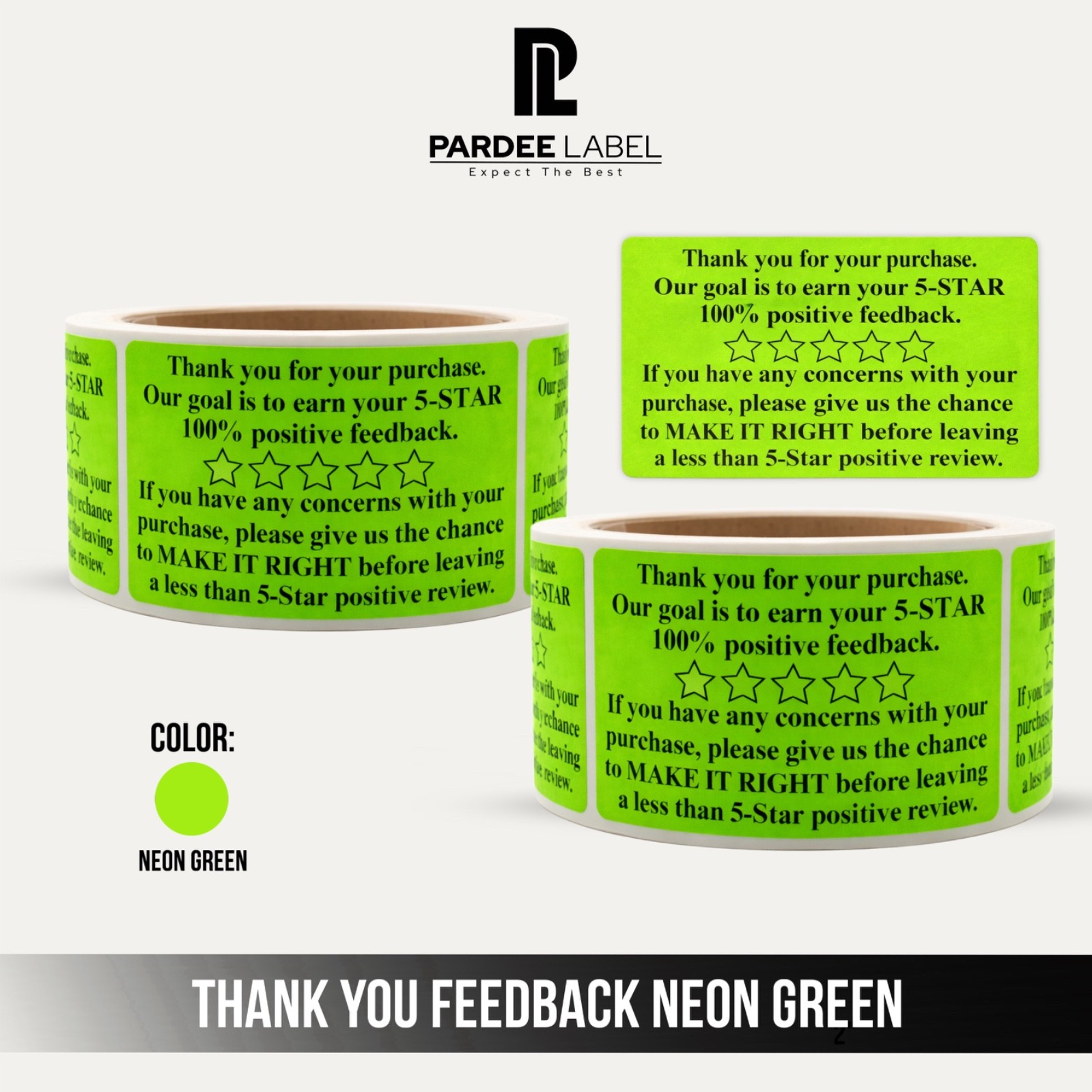 2″ x 3″ Thank You Feedback Stickers – Neon Green – 250 Labels/Roll