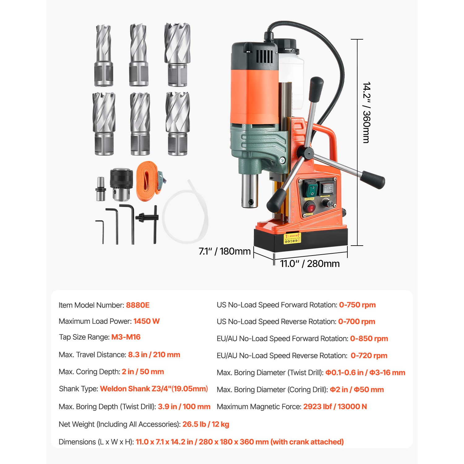 Magnetic Drill 1450W 12800N Portable Mag Drill Press 800RPM