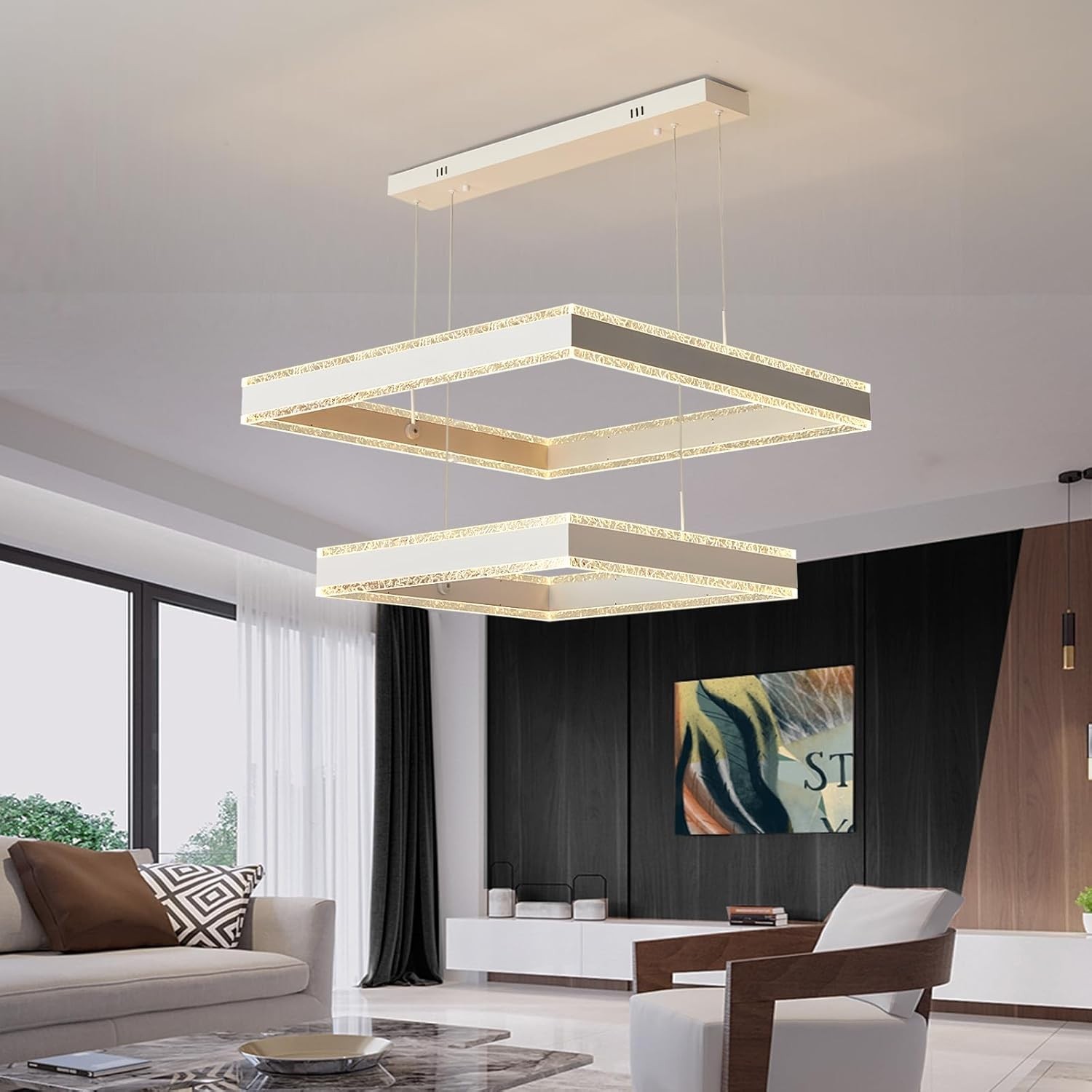 White Square 2-Ring LED Chandelier Dimmable Ceiling Light w/ Remote Control