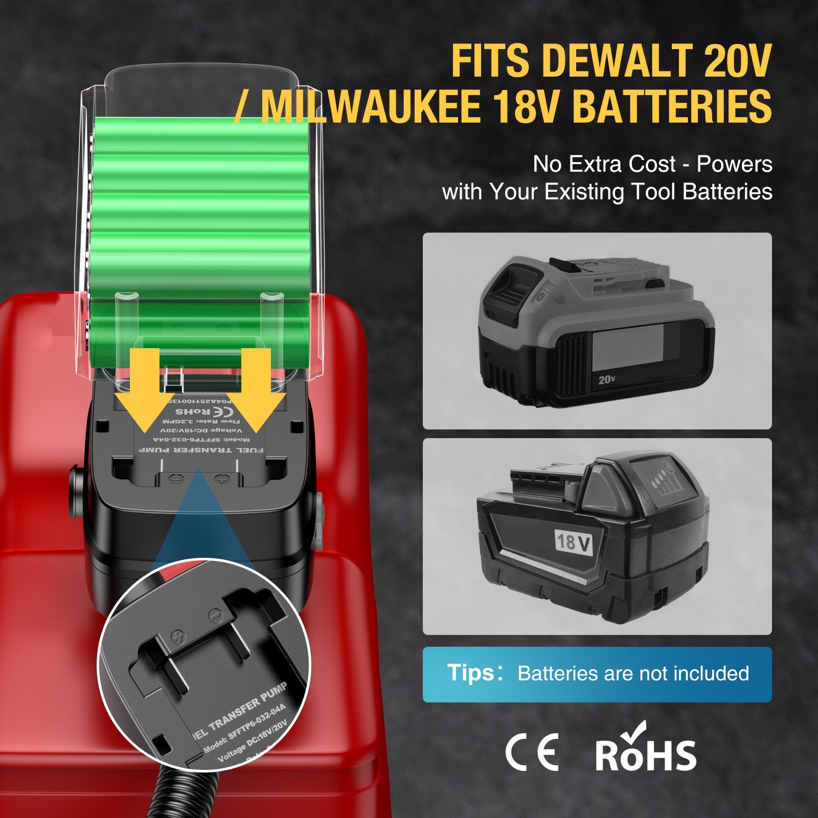 Auto-Stop Cordless Fuel Transfer Pump Compatible with DeWalt 20V & Milwaukee 18V