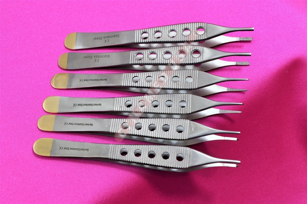 GERMAN 6 GOLD HANDLE ADSON TISSUE+BROWN+DRESSING FORCEPS 4.75″ STRAIGHT FINESTR