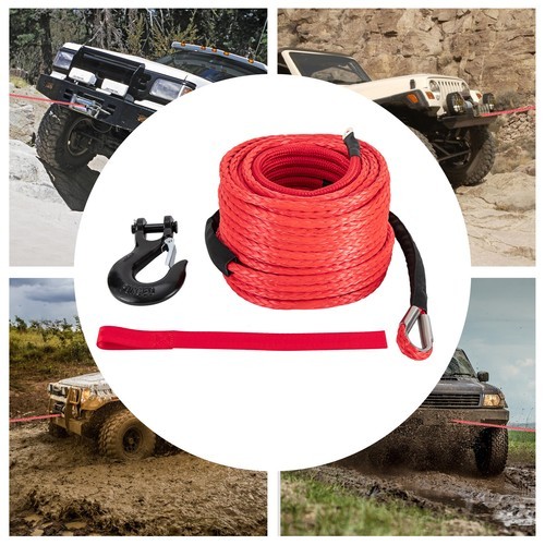 3/8″ x 100ft Synthetic Winch Rope with Hook – 23,809 lbs Breaking Strength
