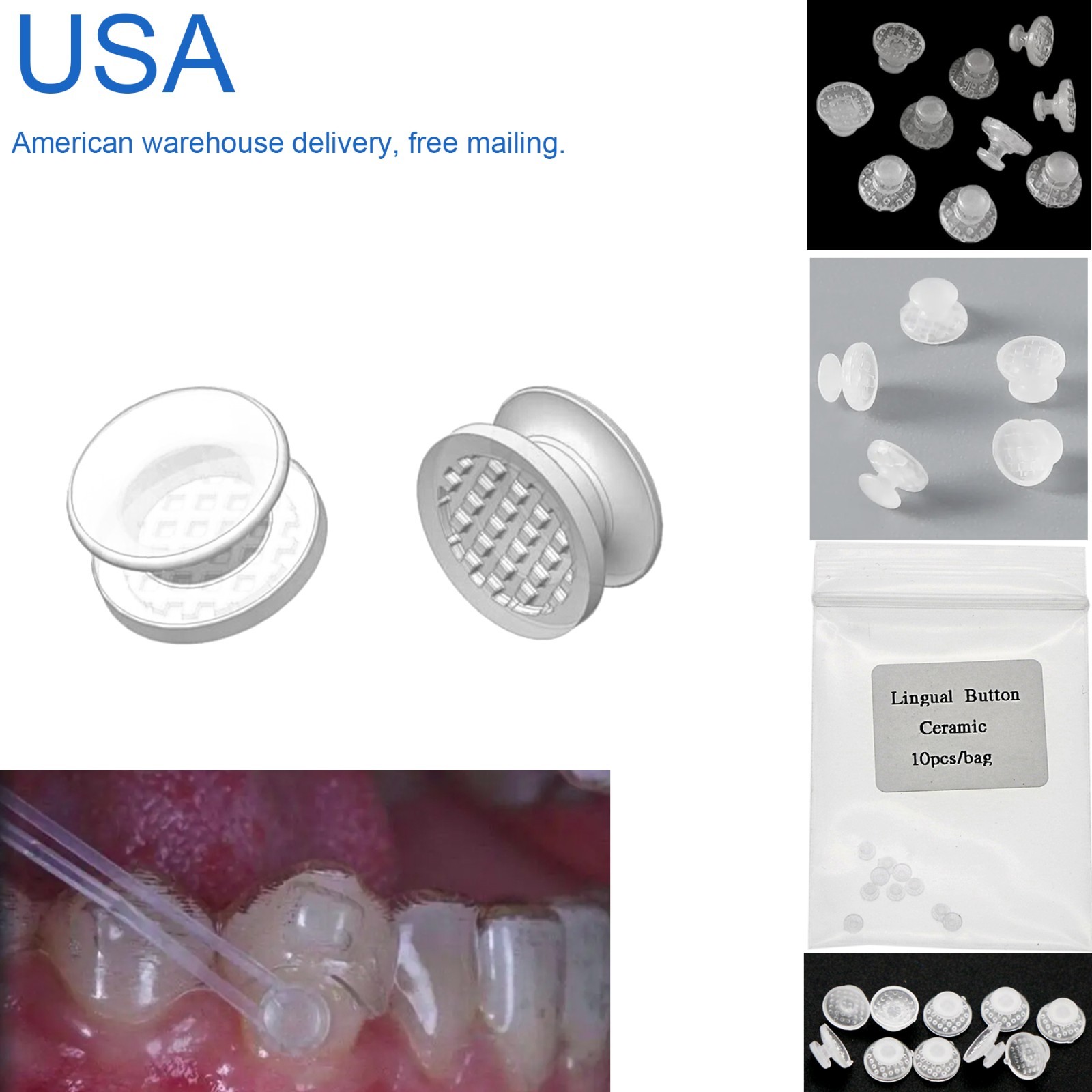 US 100Pcs/Pack Dental Ortho Ceramic Clear Lingual Buttons Bondable Round Base