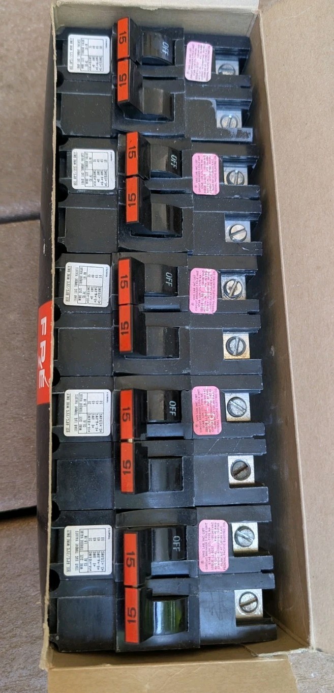 Lot of (5) New Old Stock Federal Pacific Stab-Lok Circuit Breaker 215 15a 2-Pole