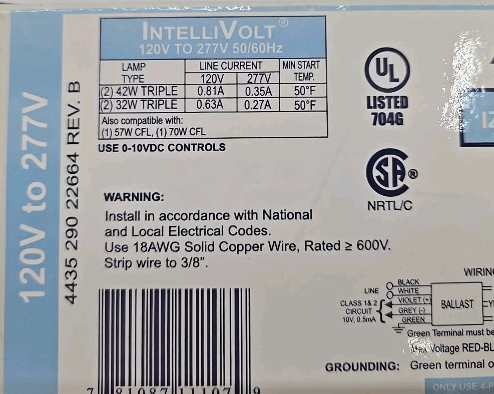 Advance IZT-2T42-M3-LD Fluorescent Dimming Ballast, 2 Lamp, CFL, 42W, 120/277V