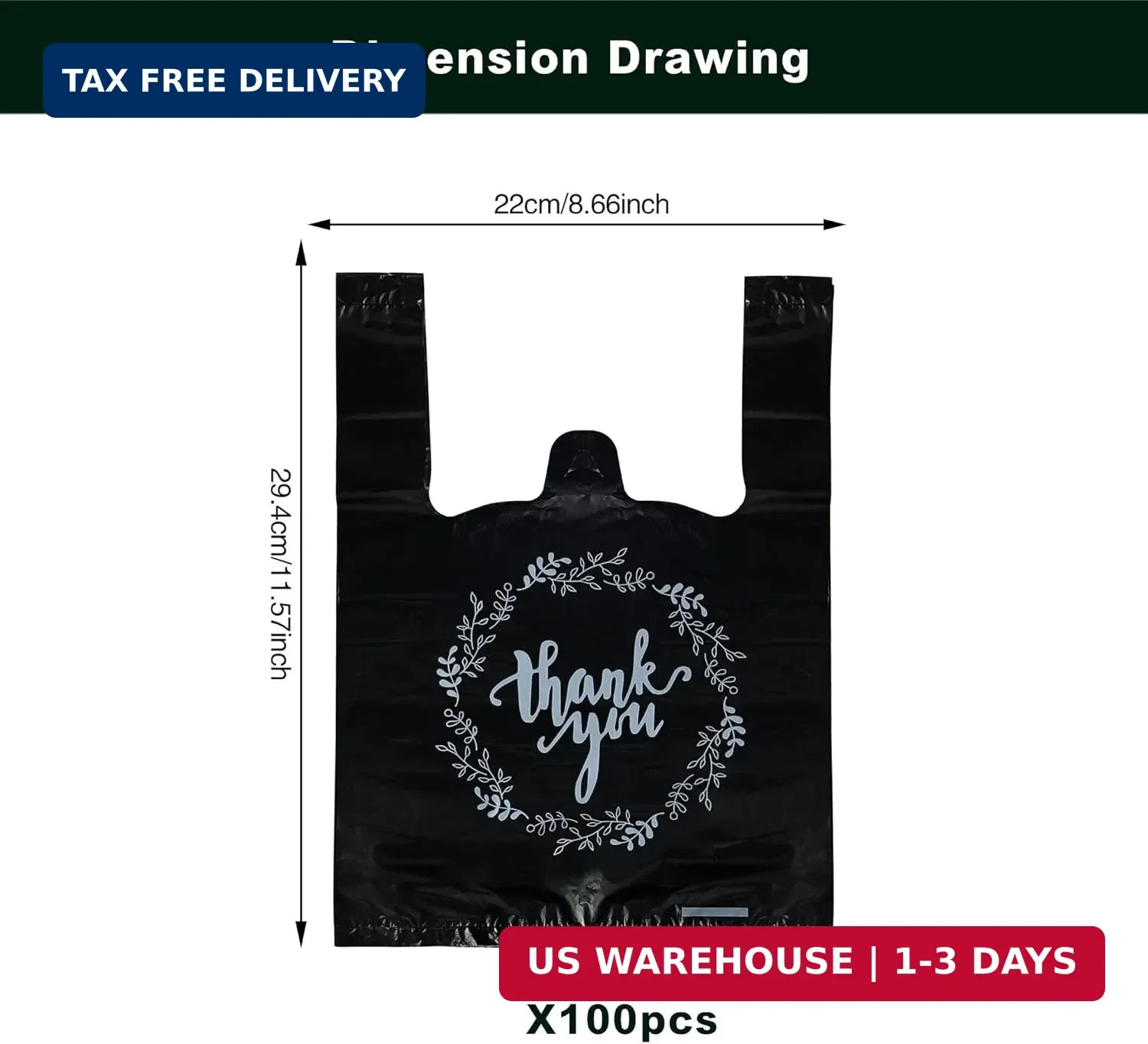 TOSPARTY 100PCS Black Thank You T-Shirt Bags Plastic Bulk Shopping Restaurant Ba