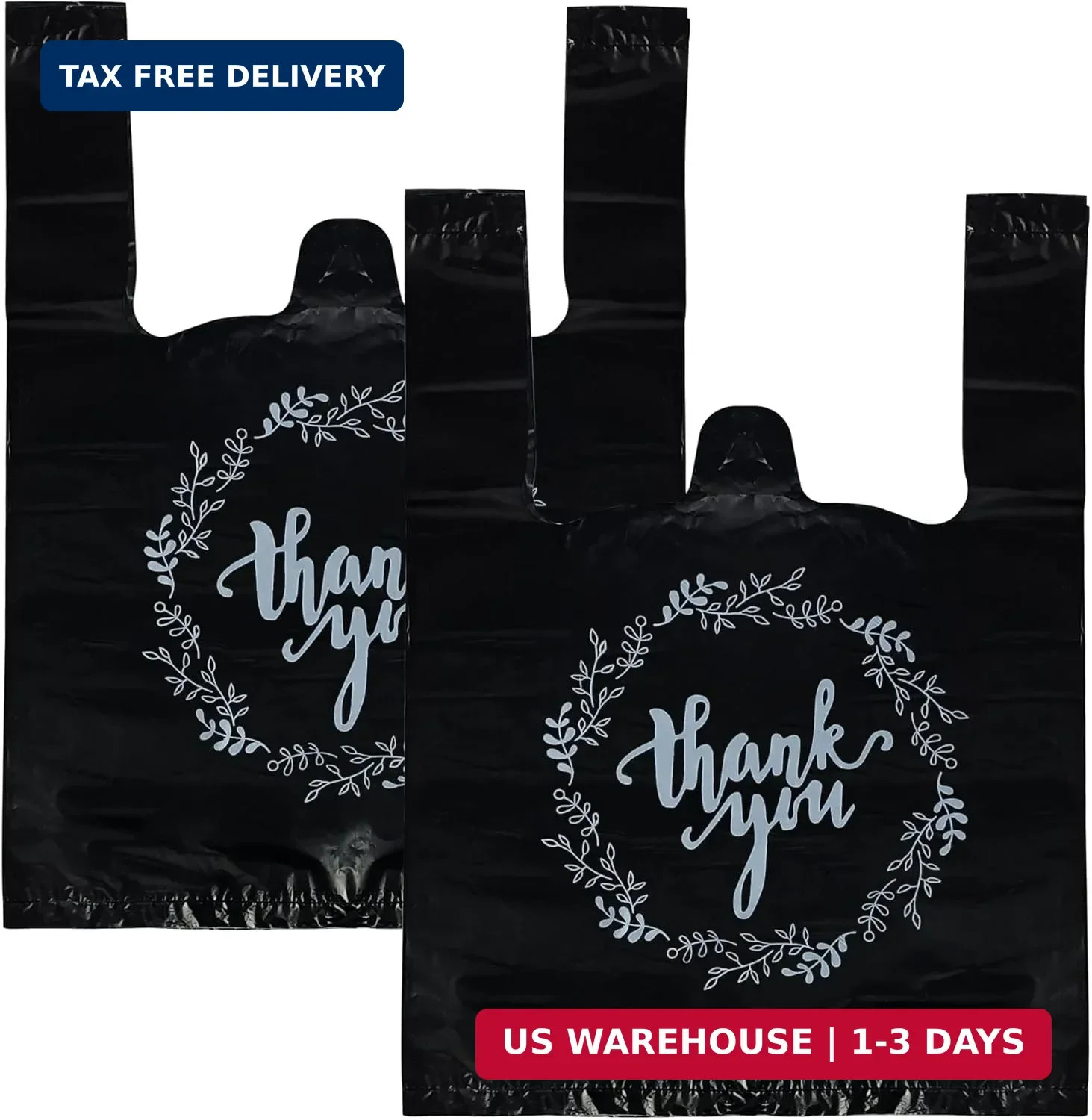 TOSPARTY 100PCS Black Thank You T-Shirt Bags Plastic Bulk Shopping Restaurant Ba