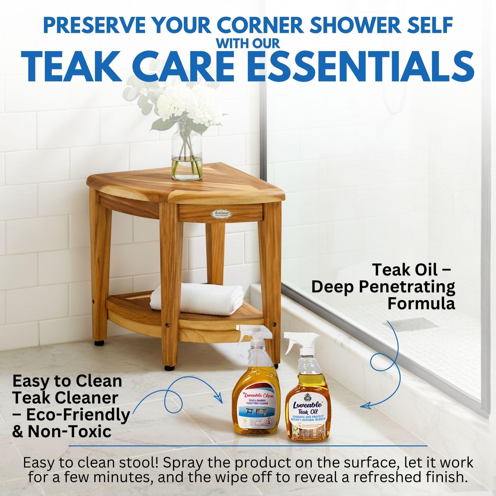 EcoDecors ED974 Corner Teak Shower Bench with Shelf 350 lb Capacity Tool-Free