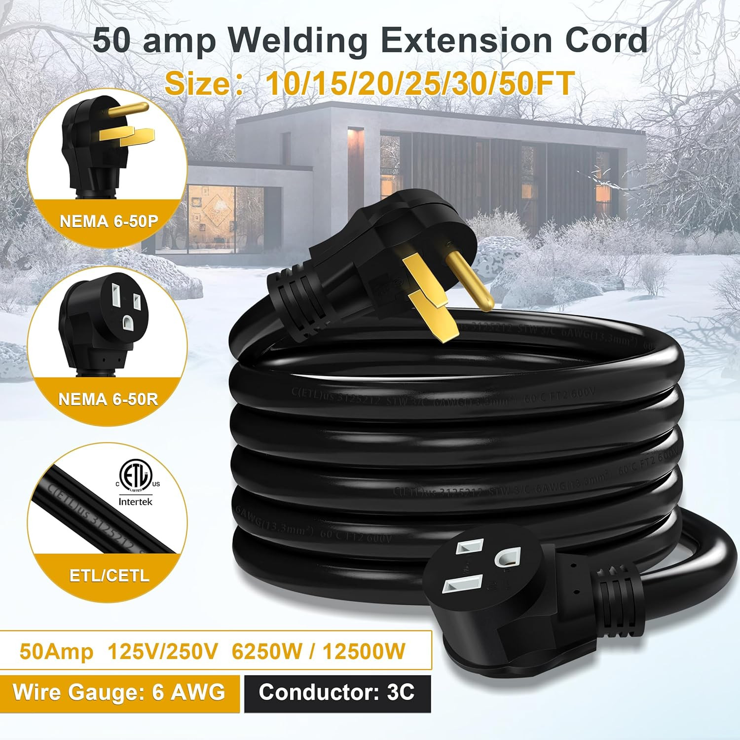 Welding Cord 6 AWG, 30FT, Welding Extension Cords 50 Amp, 125V/250V Welding Powe