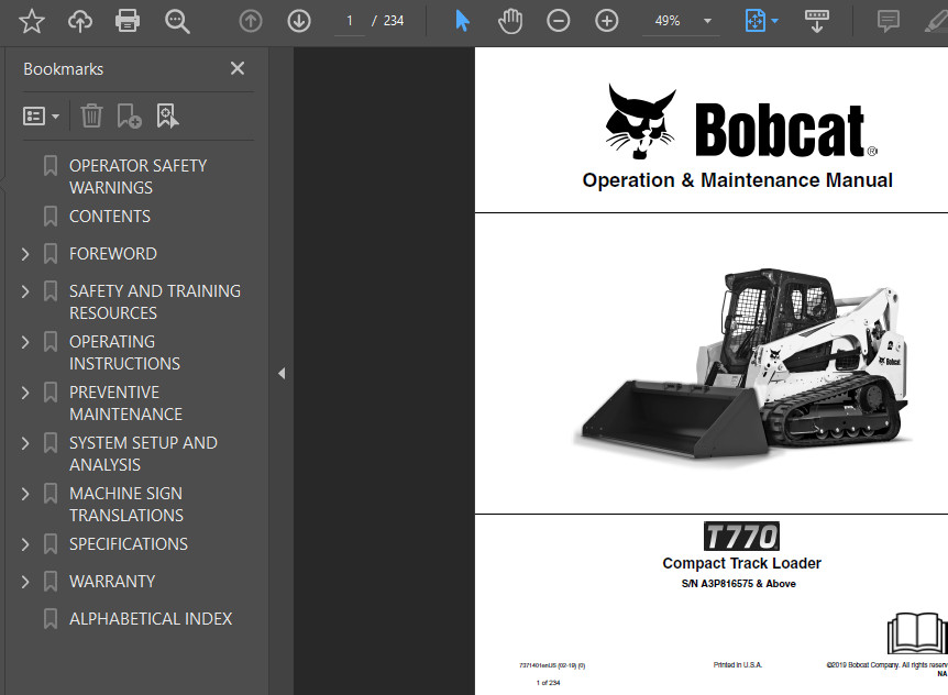 BOBCAT T770 COMPACT TRACK LOADER OPERATORS SERVICE REPAIR SHOP MANUAL PDF USB