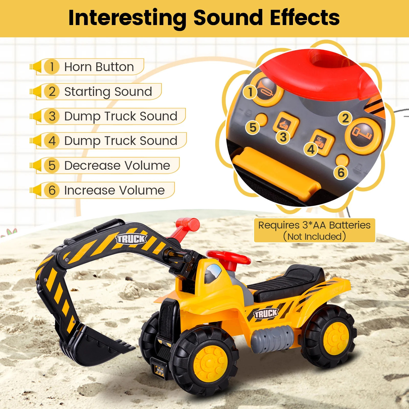 Costway Toddler Ride On Excavator Digger Truck Scooter Seat Storage w/Sound&Hel