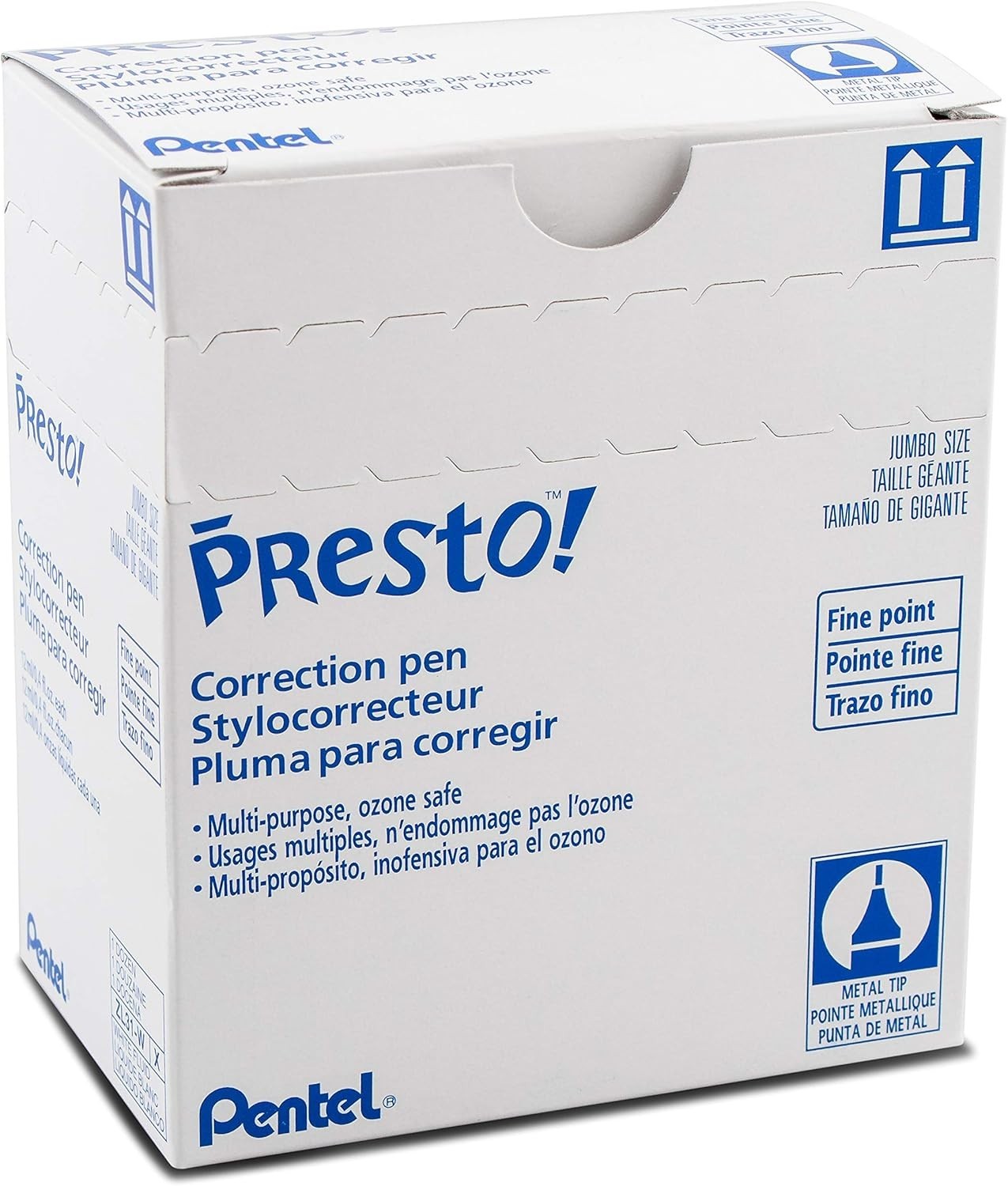 Pentel Presto! Jumbo Correction Pen, Fine Point, Metal Tip, Box of 12Blue/White