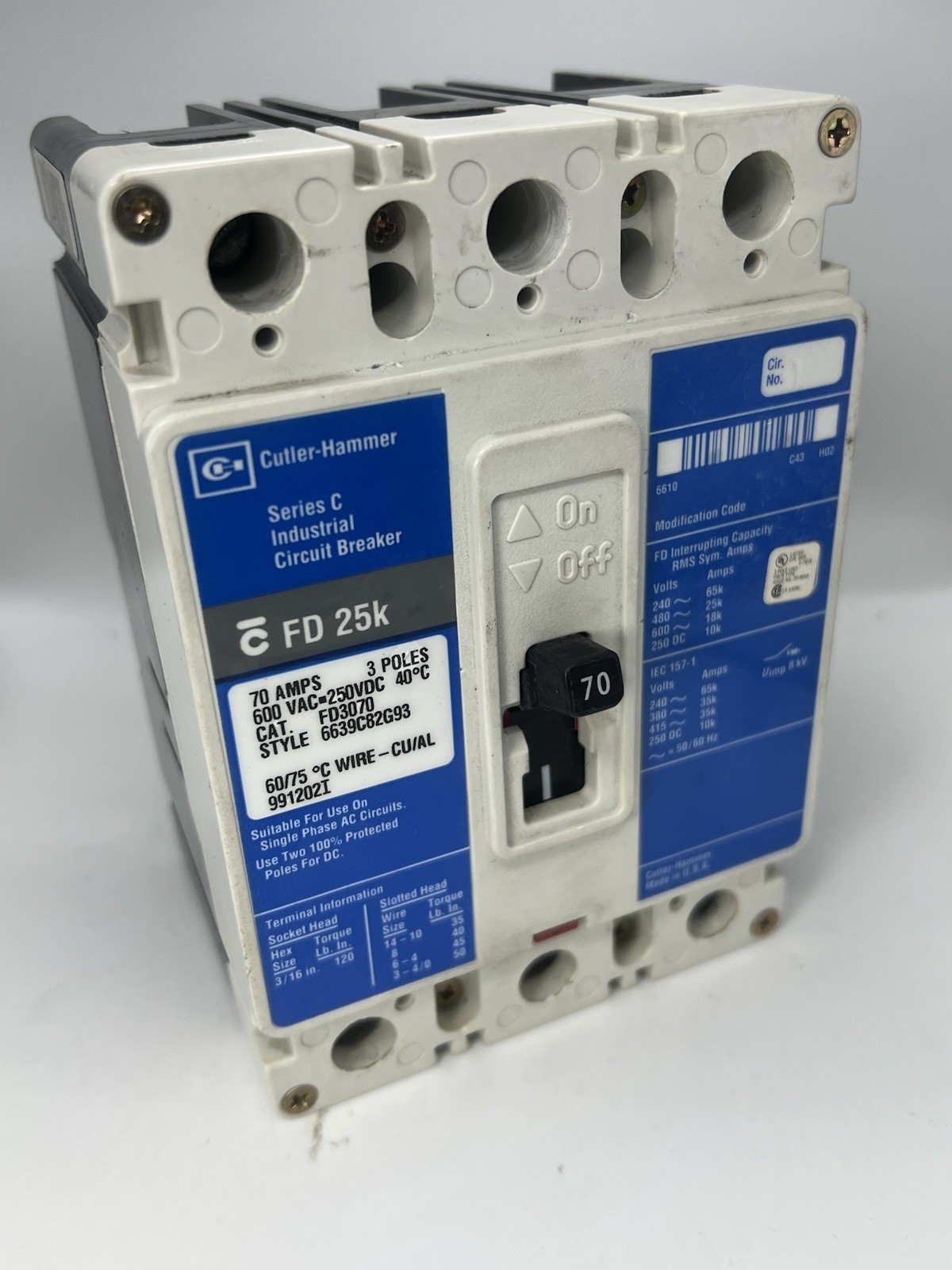 Cutler-Hammer/ Eaton FD 25 k 70 Amps 3 Pole FD3070 Circuit Breaker Fast Ship