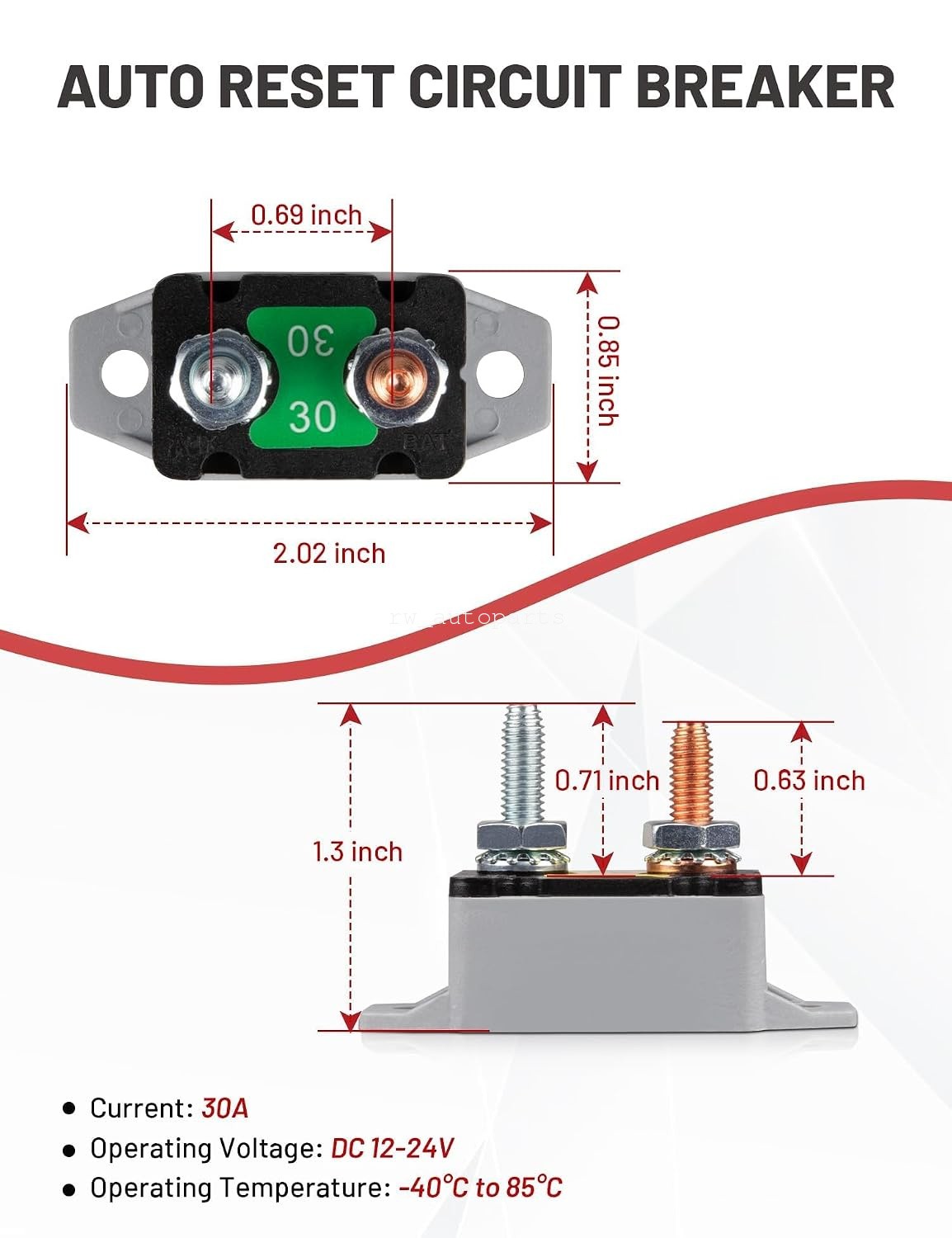 30Amp Automatic Reset Circuit Breaker 12V-24V DC For Automotive Marine RV Boat