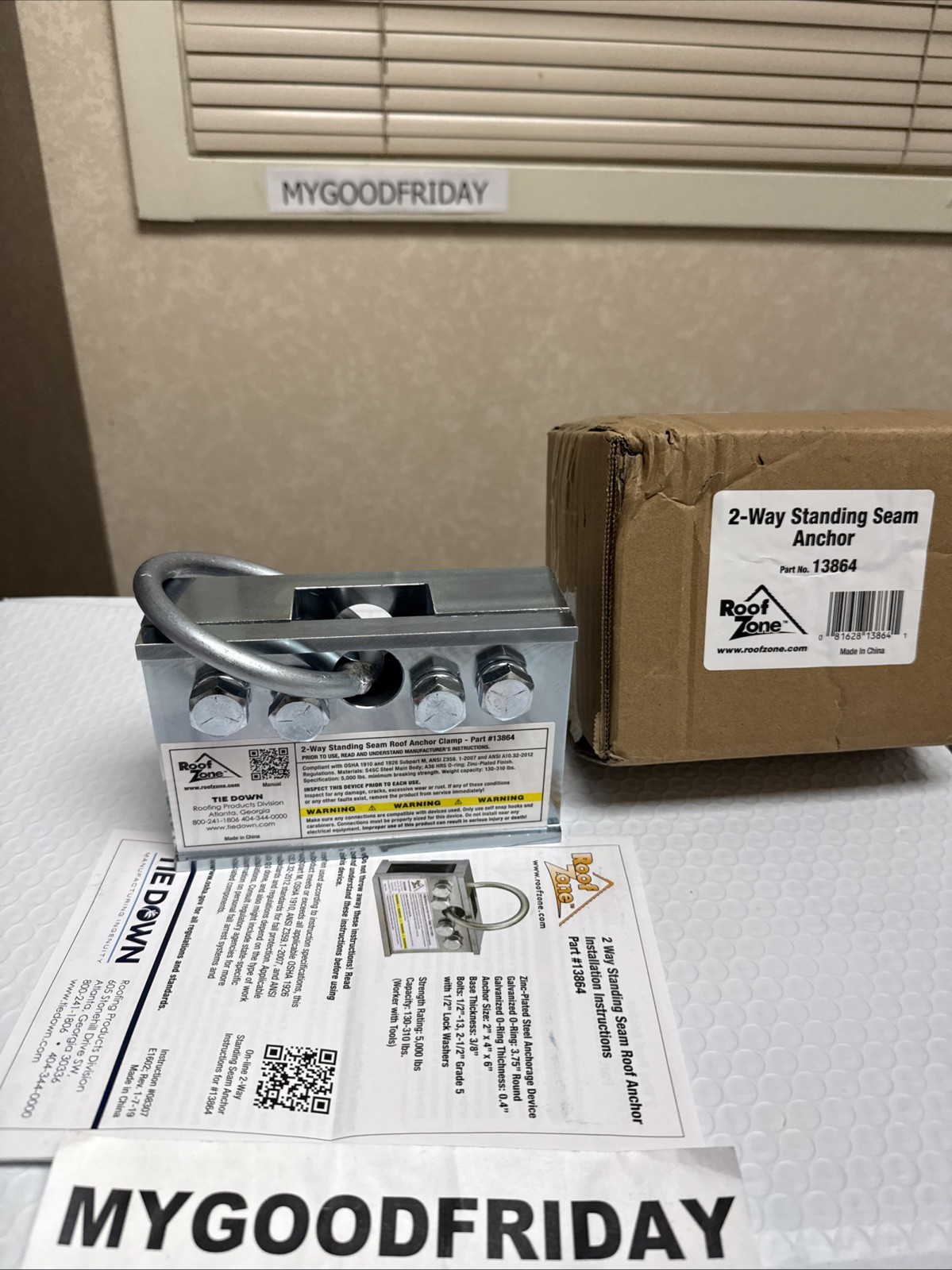 Roof Zone 2-Way Standing Seam Anchor Clamp Tie Down PART No. 13864