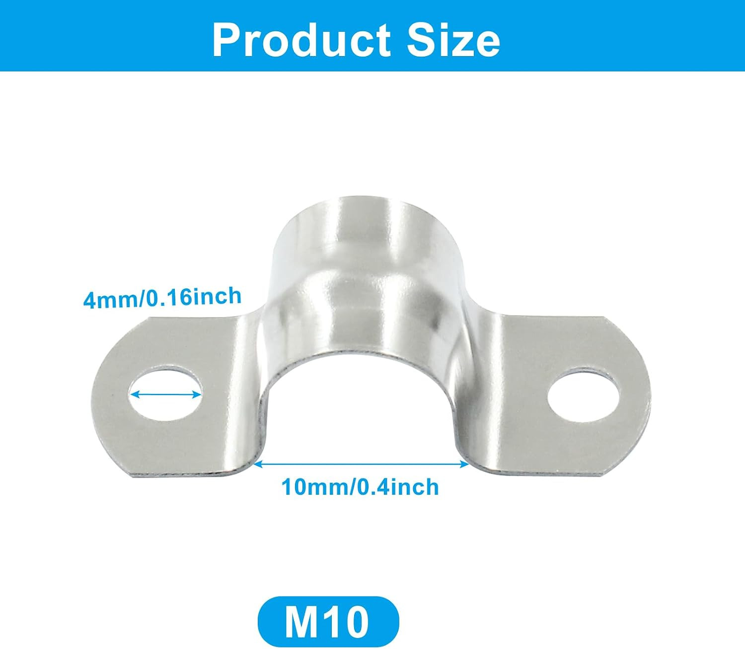 25 Pack M10 Rigid Pipe Strap, 3/8 Inch Stainless Steel Two Hole Cable Strap, U B