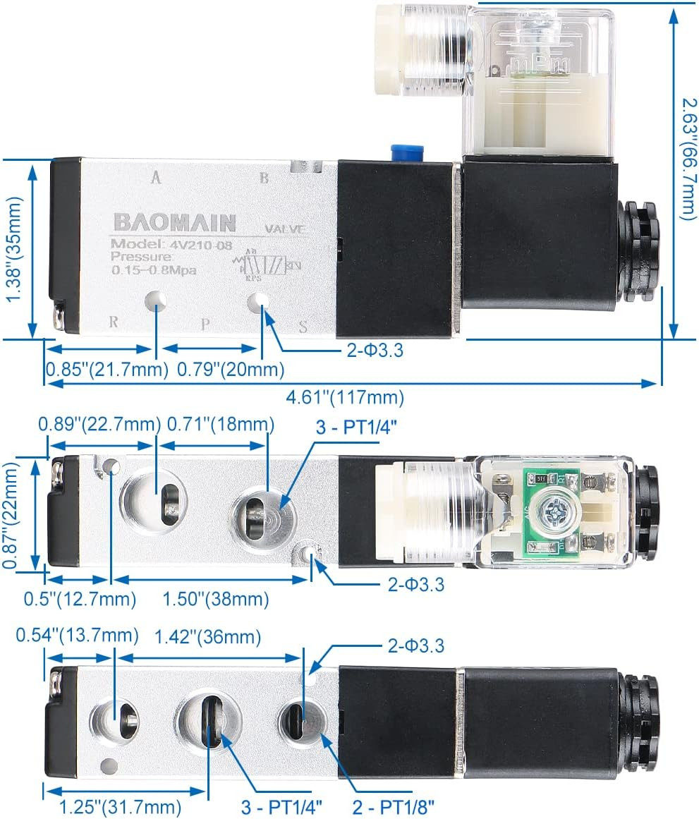 Baomain Pneumatic Air Control Solenoid Valve 4V210-08 220V AC 5 Way 2 Position P