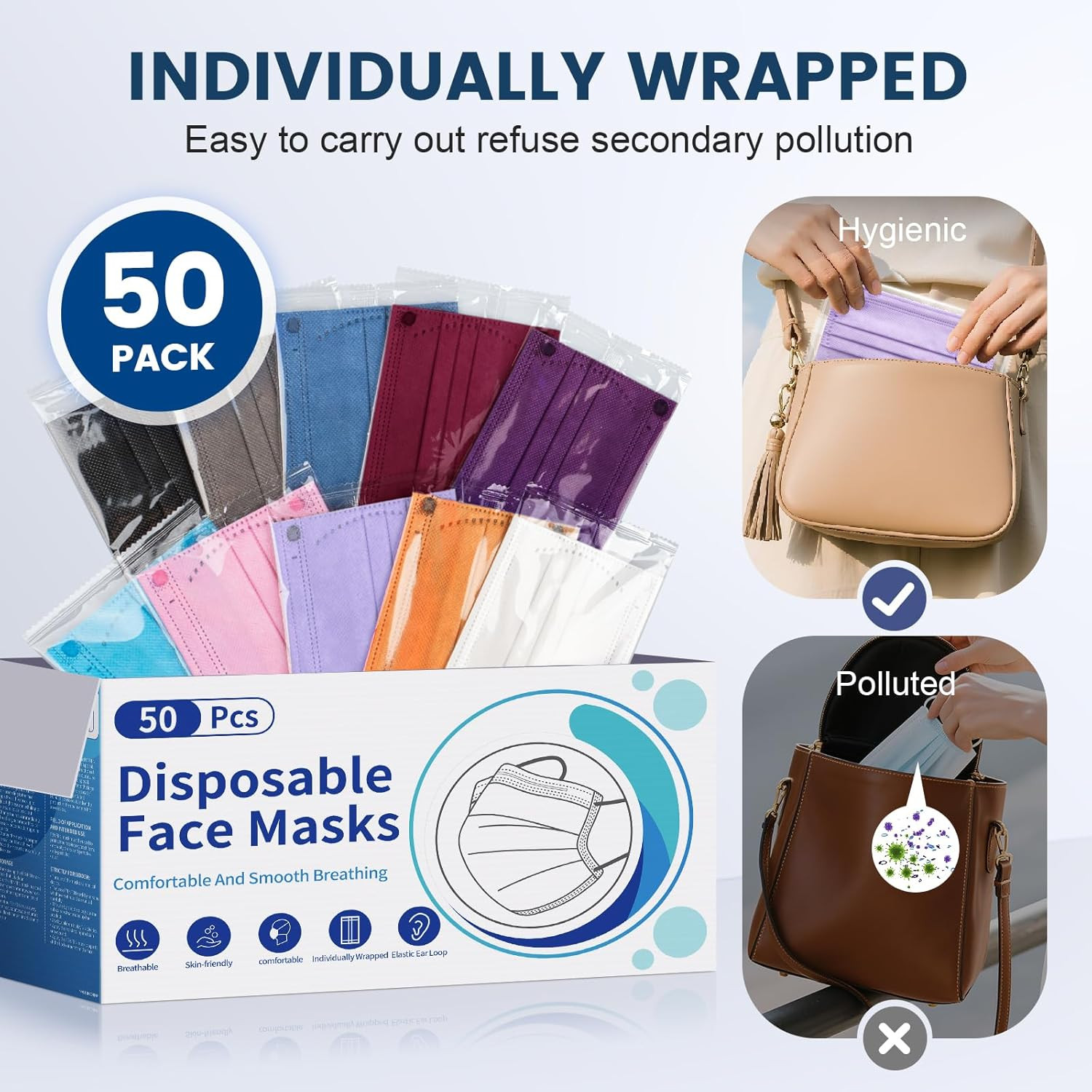 Disposable Face Mask for Adults – 4 Ply Protection, Individually Wrapped 50 Pack