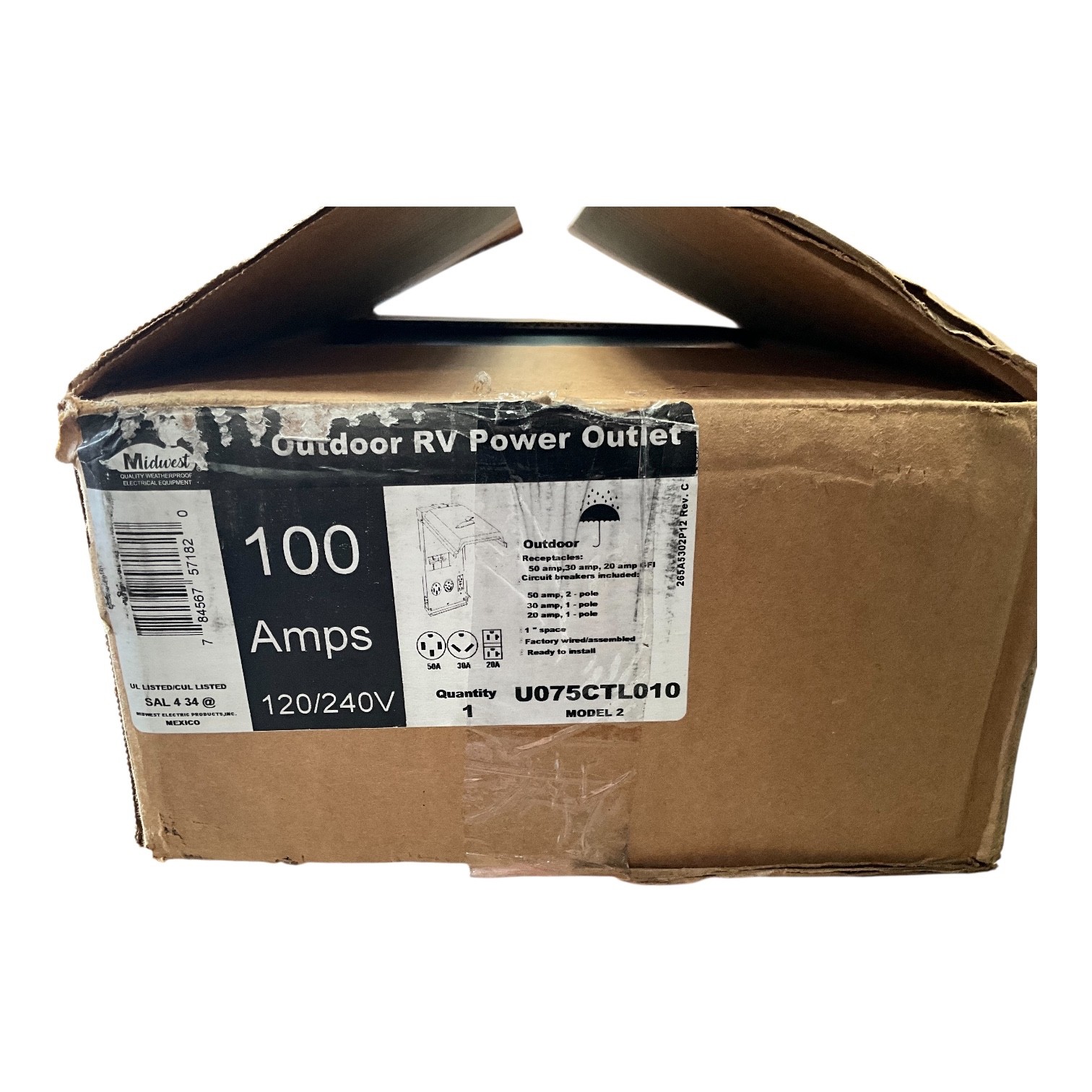 Midwest U075CTL010 100A RV Power Outlet Box 120/240V 50A 30A 20A NEMA 3R
