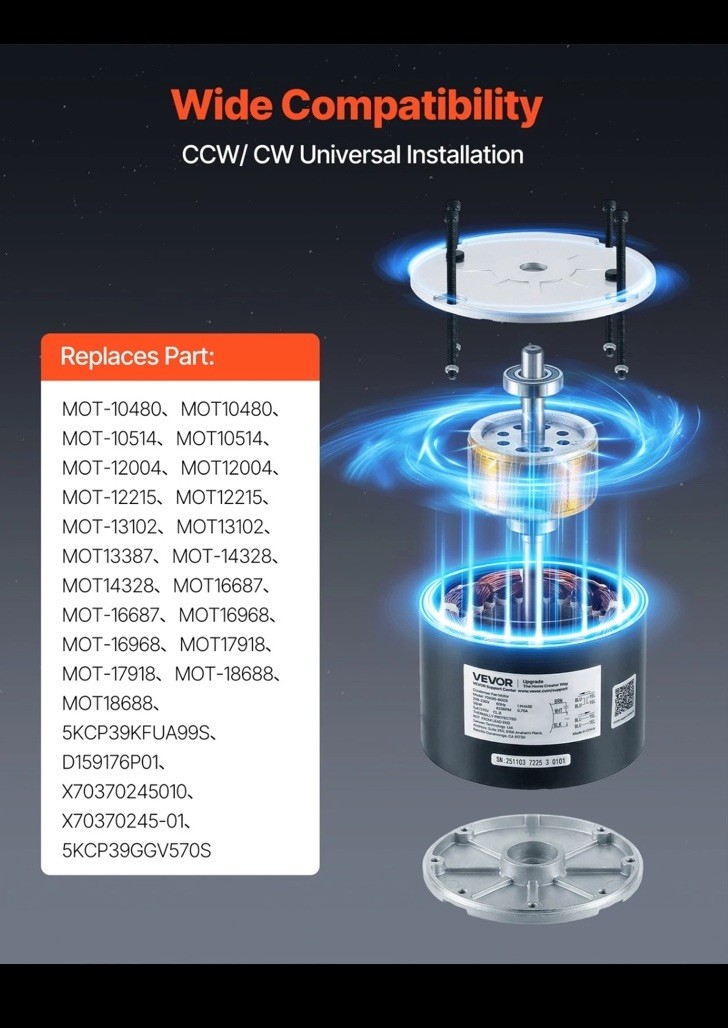 VEVOR Condenser Fan Motor with Capacitor 1/8HP 825RPM 208-230V CW/CCW Rotation