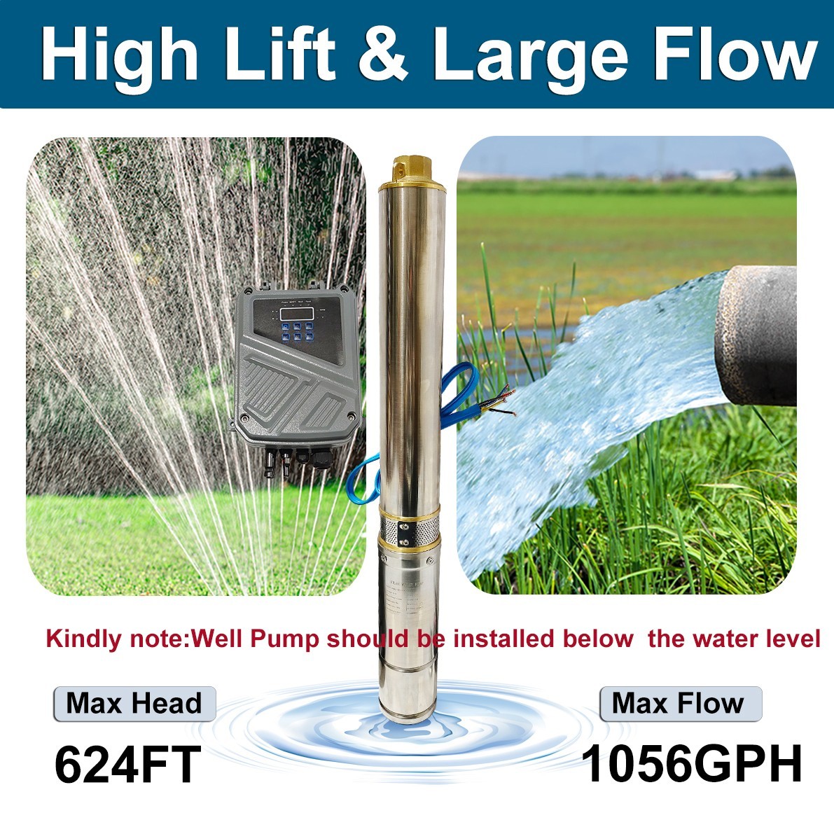 4″ Deep Well Submersible Pump, 1/2HP, 110V, 60 Hz, 28GPM, 150 Ft Max,1 1/4in NPT