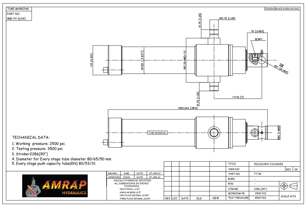 7 Ton Single-Acting Telescopic Hydraulic Cylinder 3-Stage, 90 Stroke