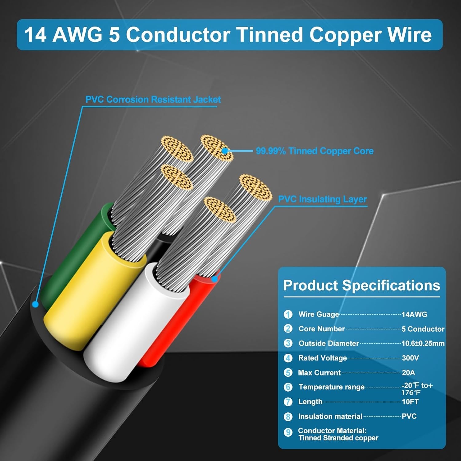 14 Gauge 5 Conductor Wire, 10FT 14/5 Tinned Copper 5 Wire Cable,Stranded Elec…