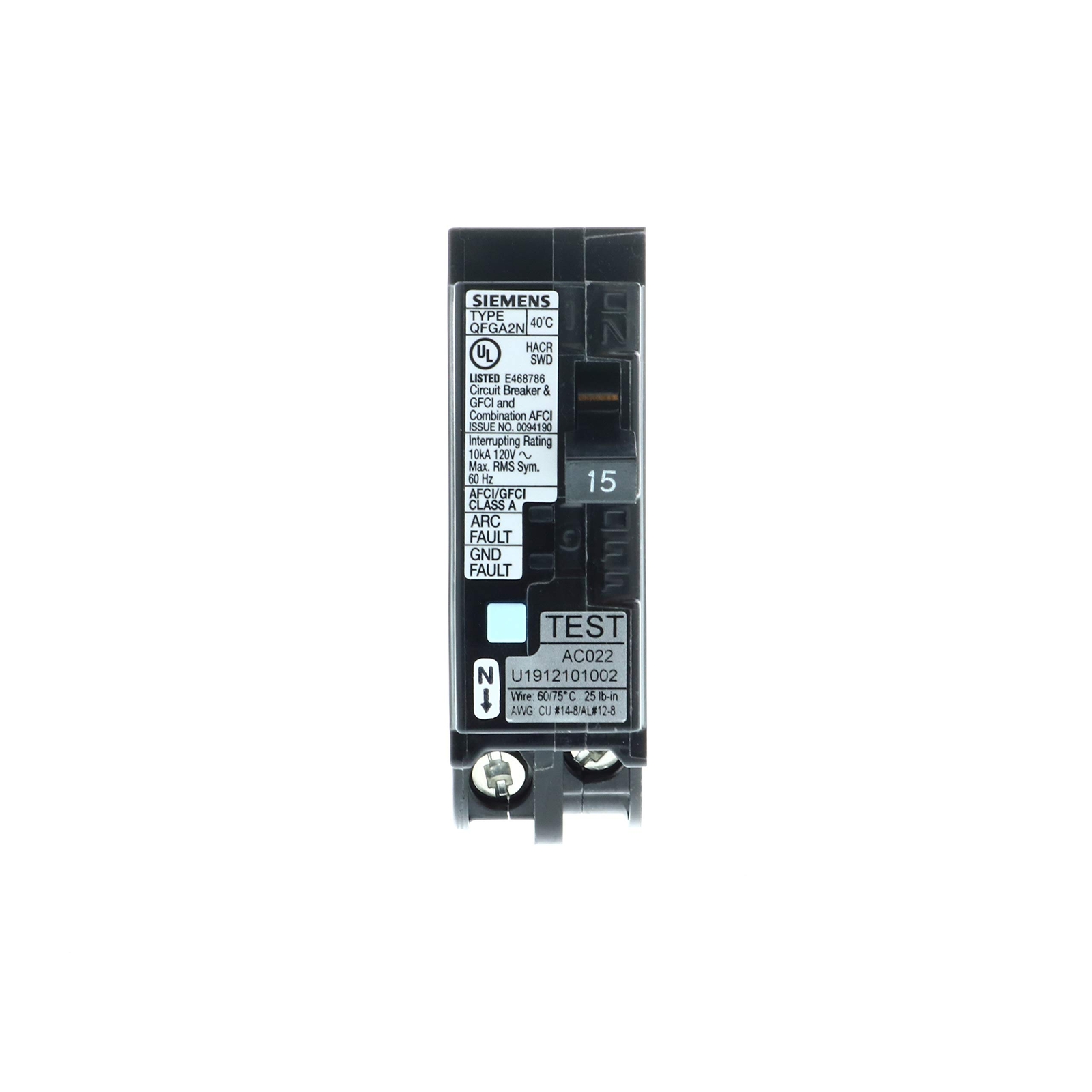 Siemens Dual Function Circuit Breaker GFCI AFCI 10000 AIC Plug On Neutral