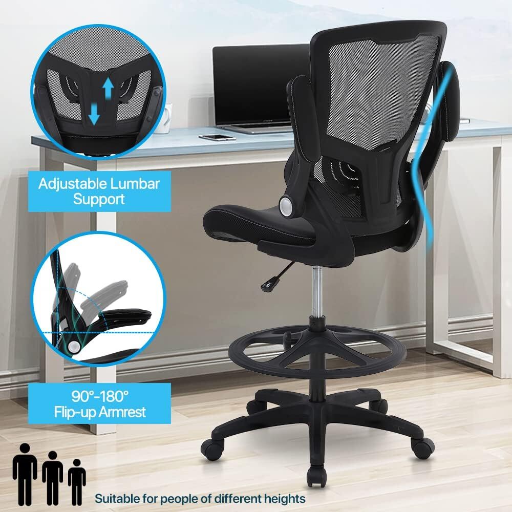Drafting Chair Tall Office Chair Ergonomic Desh Chair with Lumbar Support Black