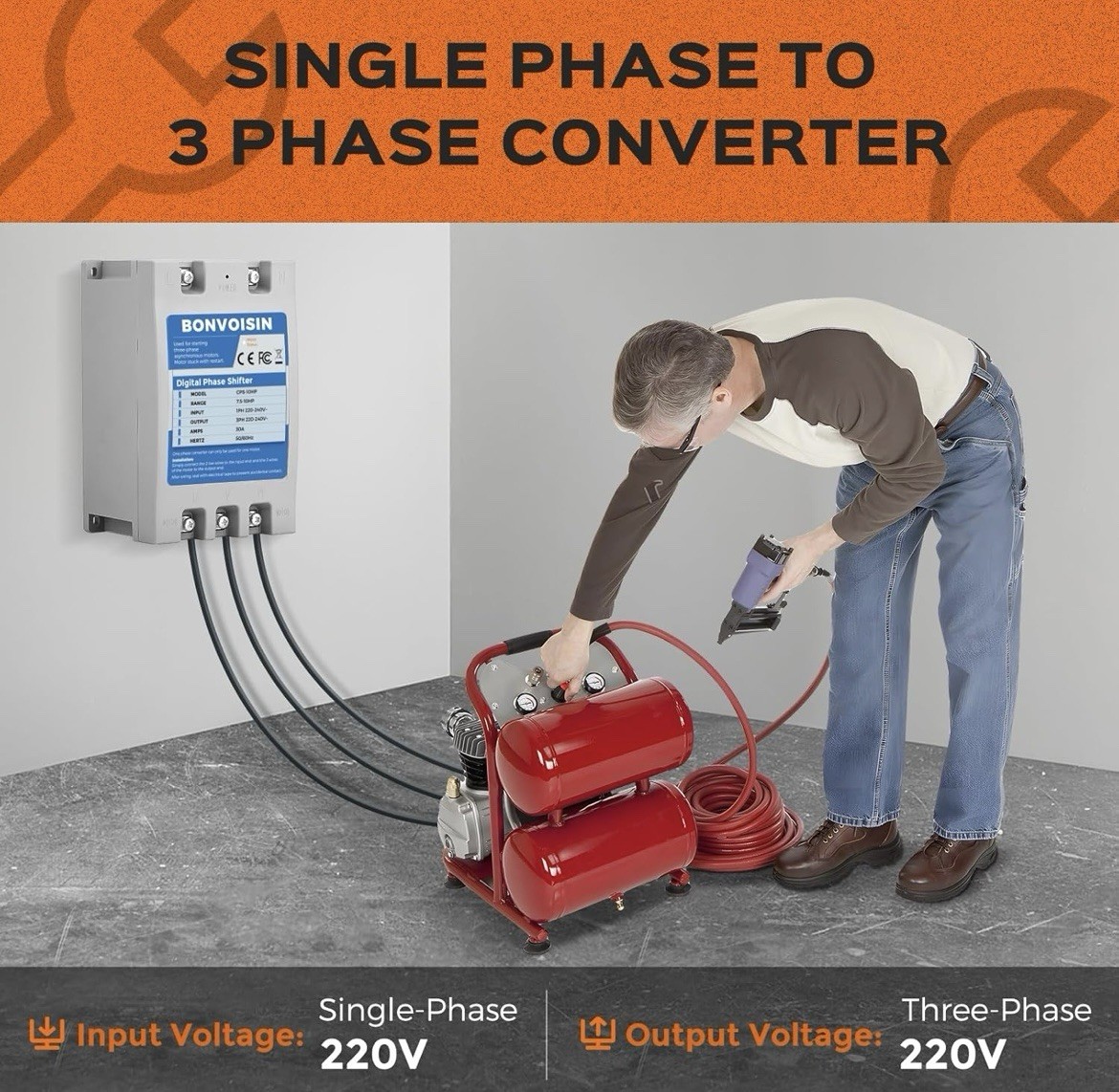 Bonvoisin Single Phase to 3 Phase Converter 20HP(15kW)70A 220V-240V Input/Output