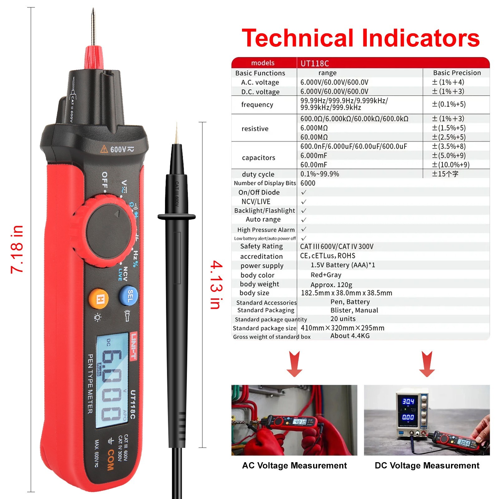 UNI-T Pen Type Digital Multimeter Volt Tester 6000Bits TRMS NCV/Live Test UT118C