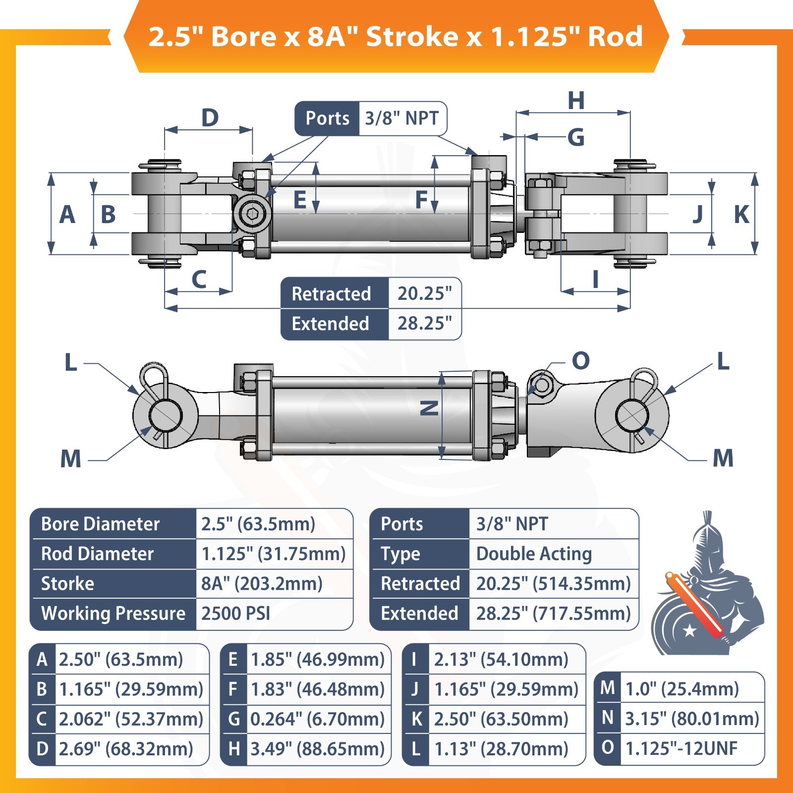 2.5x8A Hydraulic Cylinder 2.5″ Bore 8 ASAE» Stroke Tie-Rod Cylinder