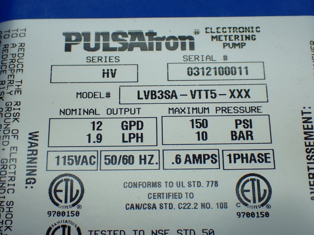 PULSAFEEDER LVB3SA-VTT5-XXX METERING PUMP 1.9LPH 150PSI 10251700009