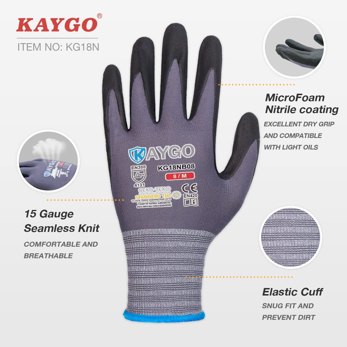 Safety Work Gloves MicroFoam Nitrile Coated, 3 Pairs KG18NB,Seamless Knit Nyl…