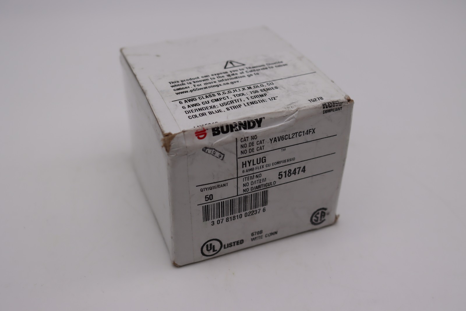 Box of 50 Burndy 518474 Copper Compression Lugs 6AWG