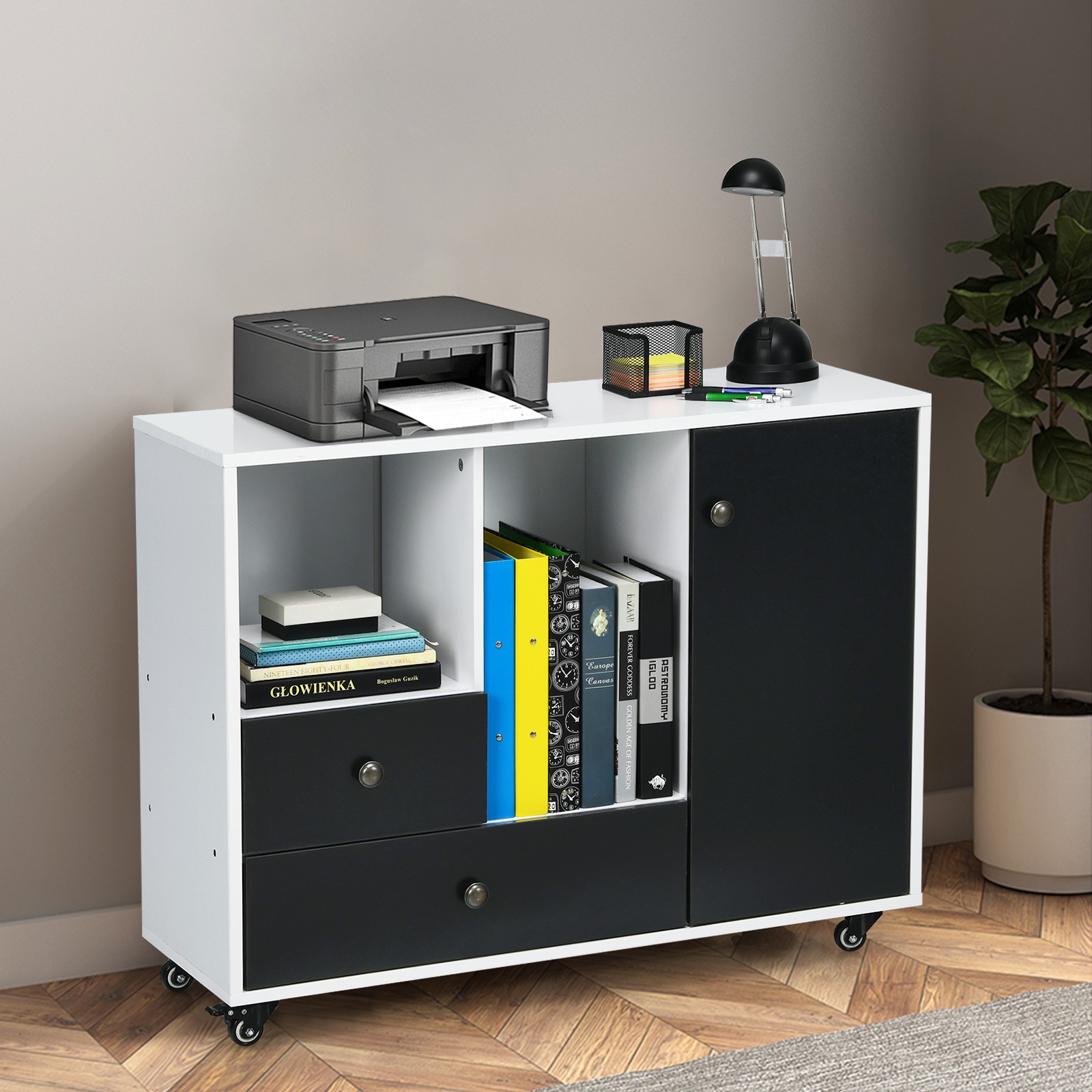 Costway Lateral Mobile Filing Cabinet Large Printer Stand w/2 Drawers White