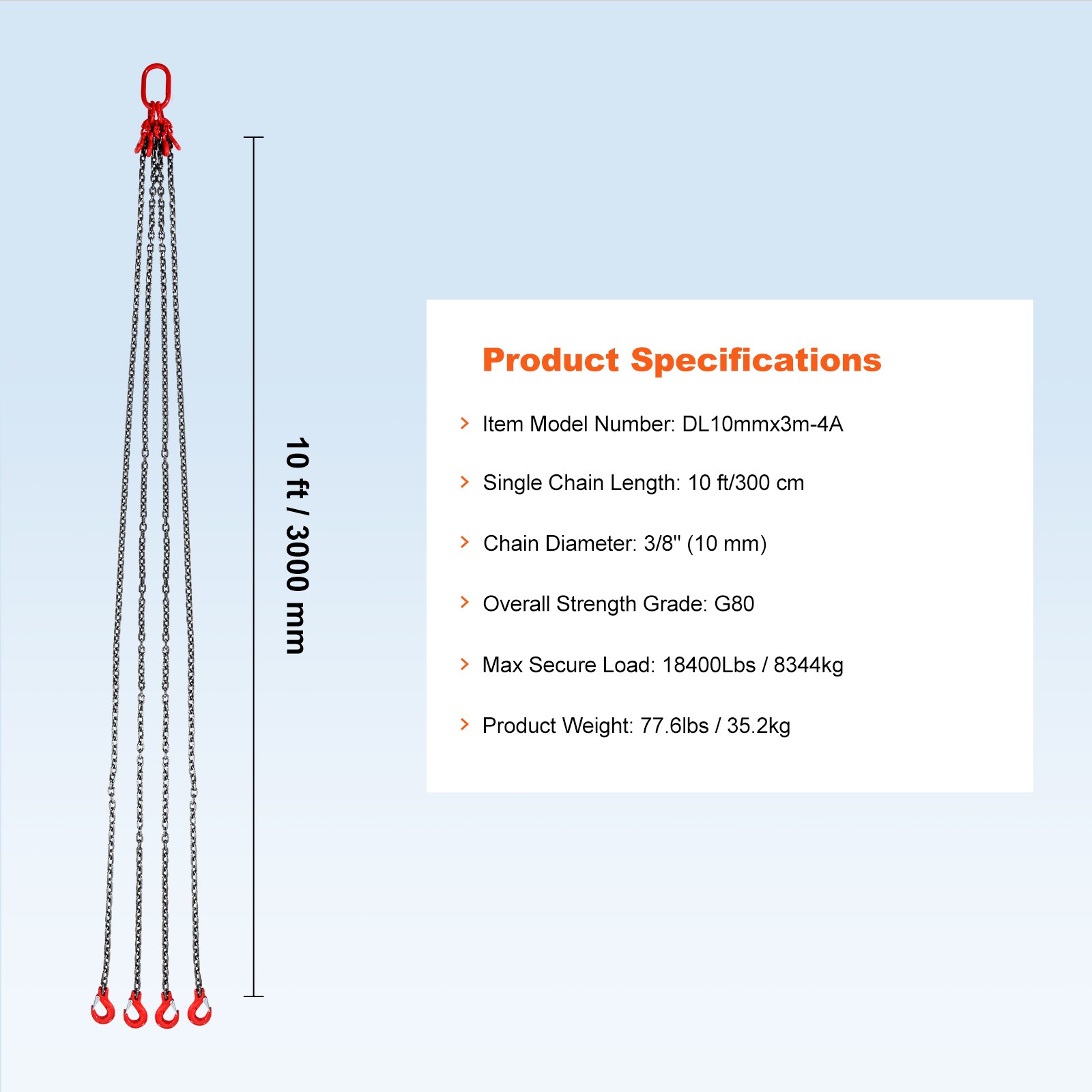 VEVOR 3/8″ x 10′ Chain Sling 4 Legs G80 Lifting Chain with Grab Hooks 18400 lbs