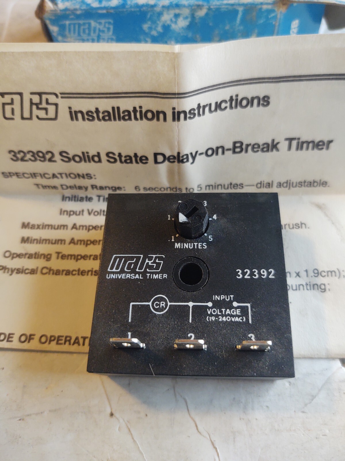 MARS # 32392 / UNIVERSAL TIMER . (INPUT 19-240 VAC). (DELAY TIMER .1 – 5 MIN.).