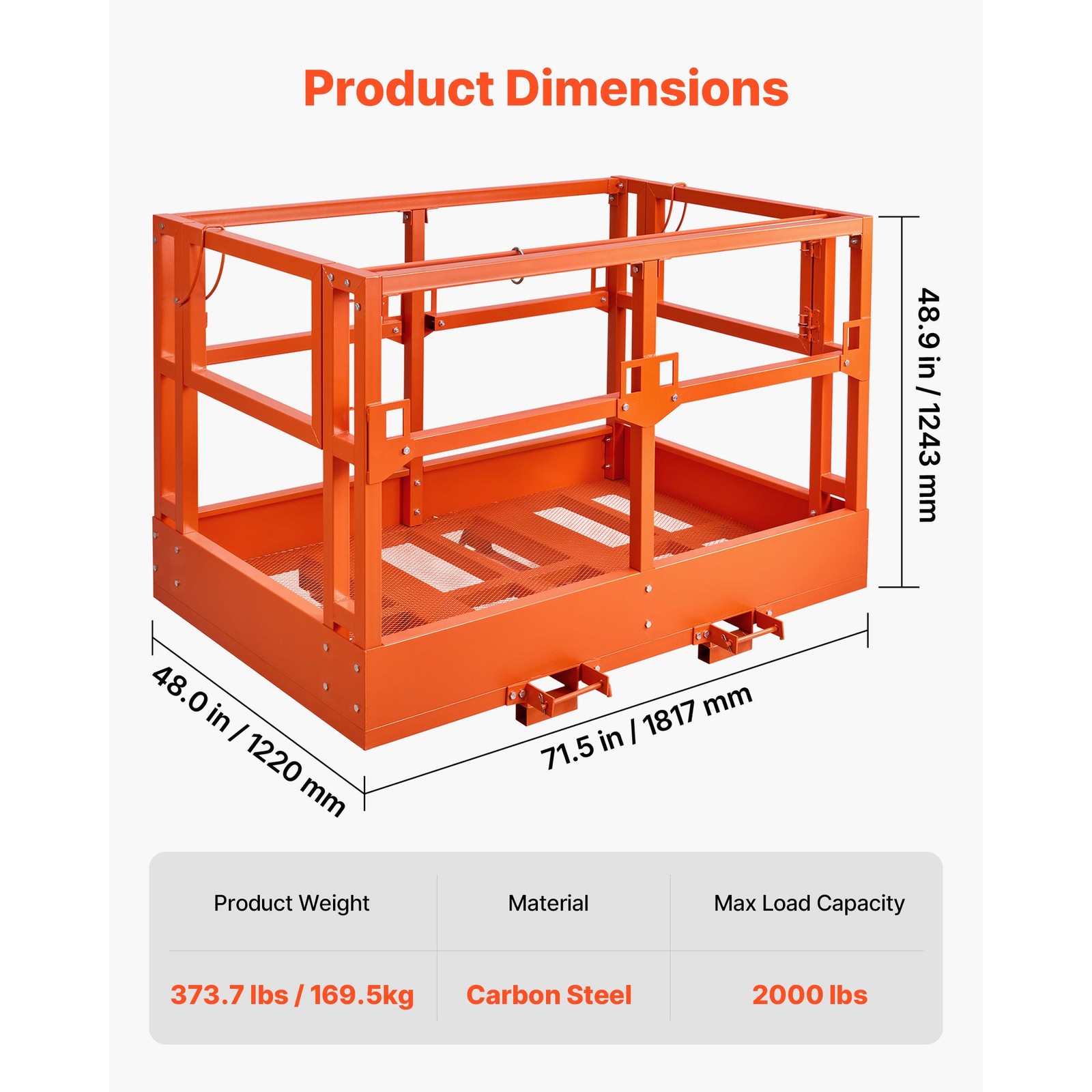 Mesh Telehandler Work Platform, 48 x 73.9 Inch, Man Safety Basket, 2000 lbs