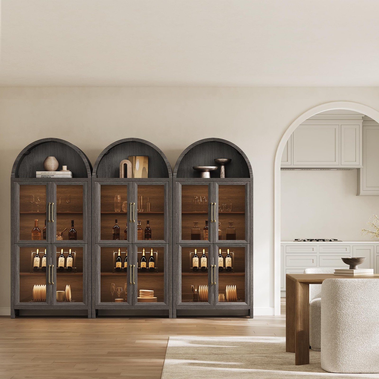 74 Arched Bookcase Glass Door 5-Tier w/LED Motion Sensor Dark Grey Oak 2PC