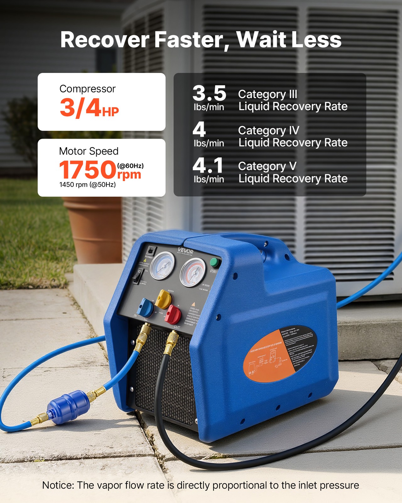 VEVOR Portable Refrigerant Recovery Machine 3/4 HP Single Cylinder Vapor Liquid