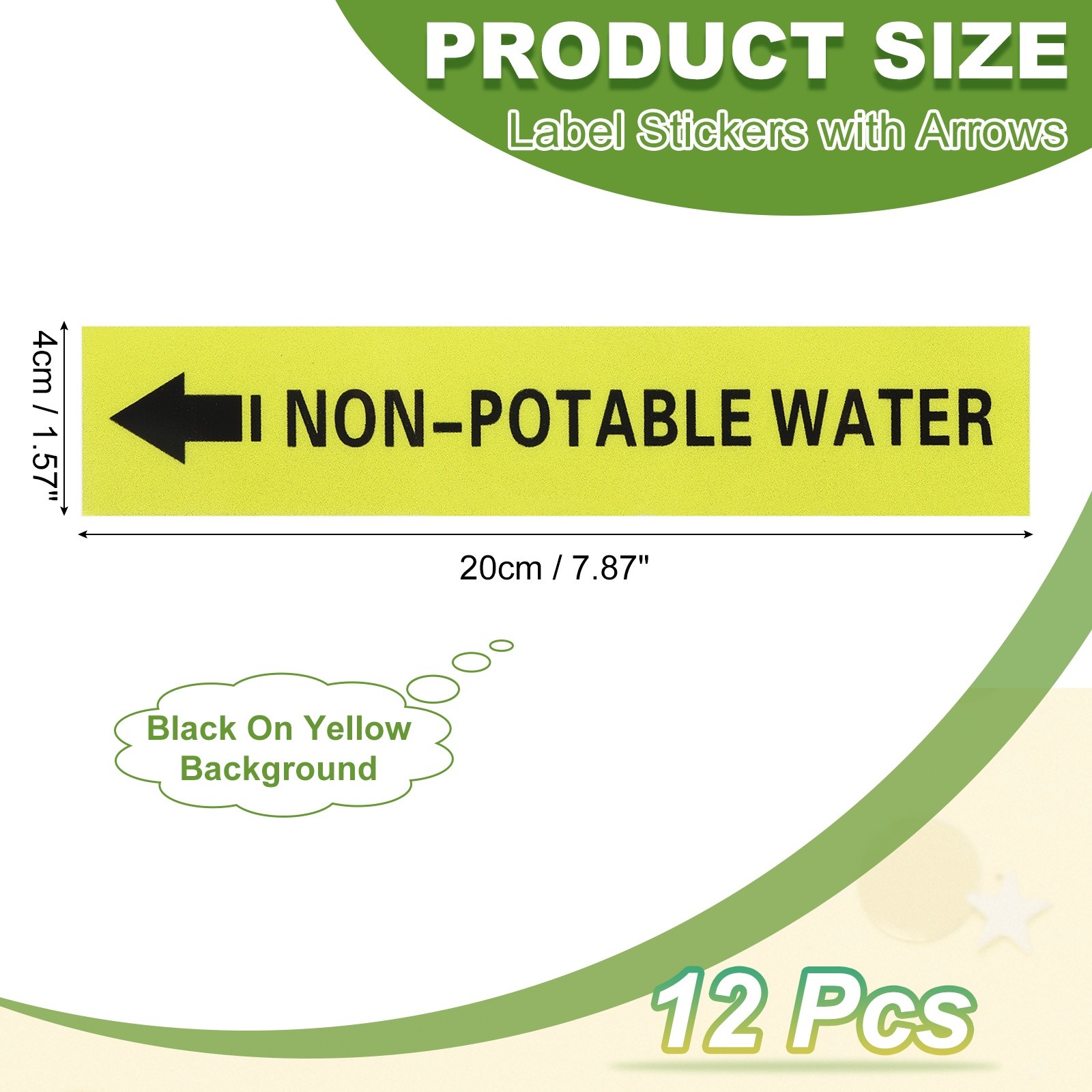 12Pcs NON-POTABLE WATER Left-Pointing Arrow Label, Black on Yellow Background