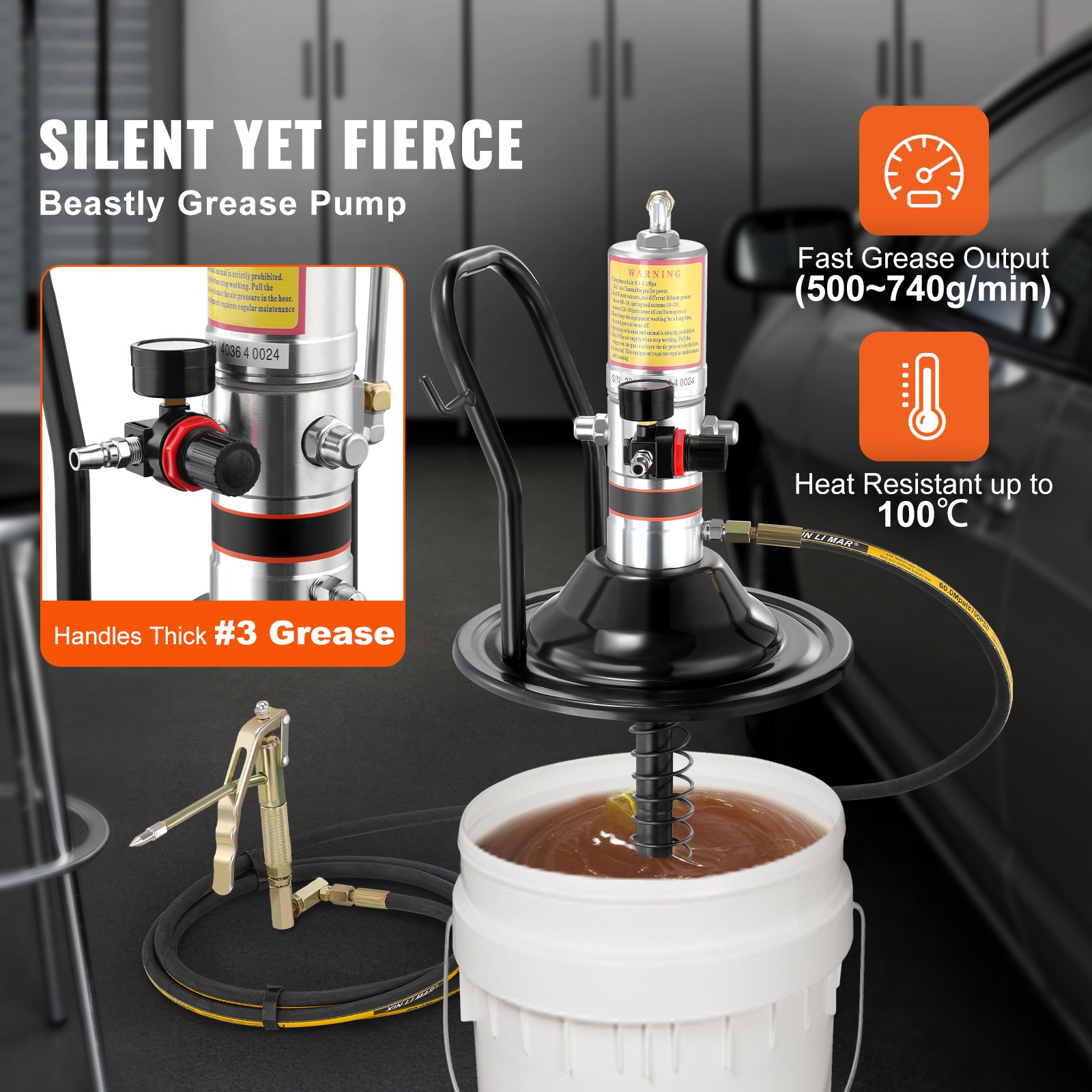 VEVOR Grease Pump Air Operated Grease Pump 0.6-0.8Mpa 13 ft Hose with Barrel Cap