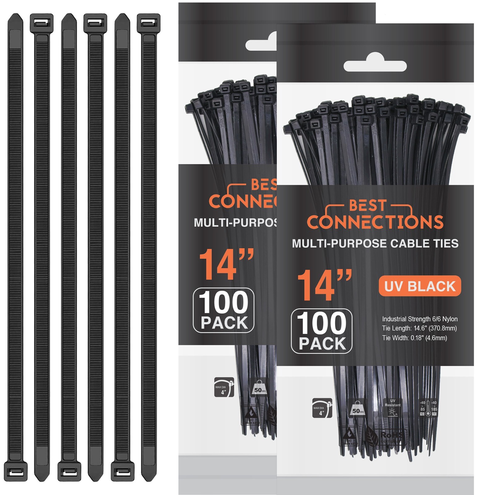 200 Pieces 14″ Black Nylon Cable Straps Zip Ties Wire 50 Lbs Tensile Strength