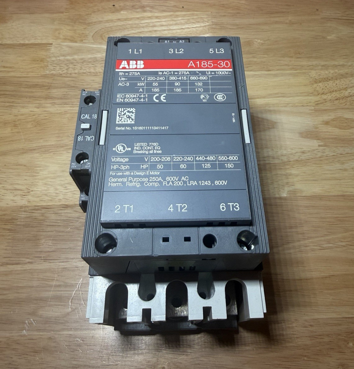 ABB A185-30 IEC Contactor 275A 220-240V Coil 3-Pole AC-3 150HP Non-Reversing