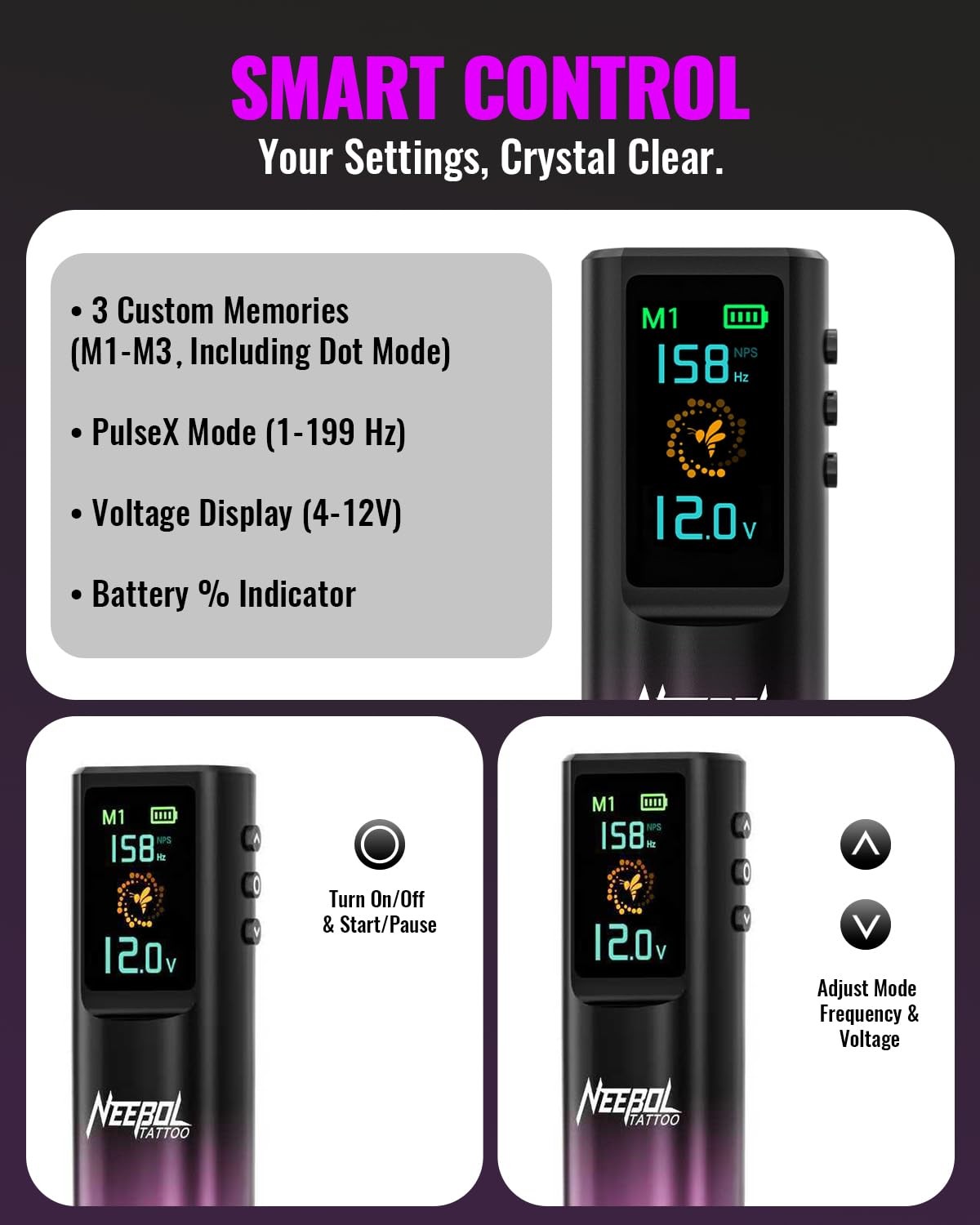 Neebol Wireless Tattoo Gun Kit with Color Screen, Cordless L, Purple