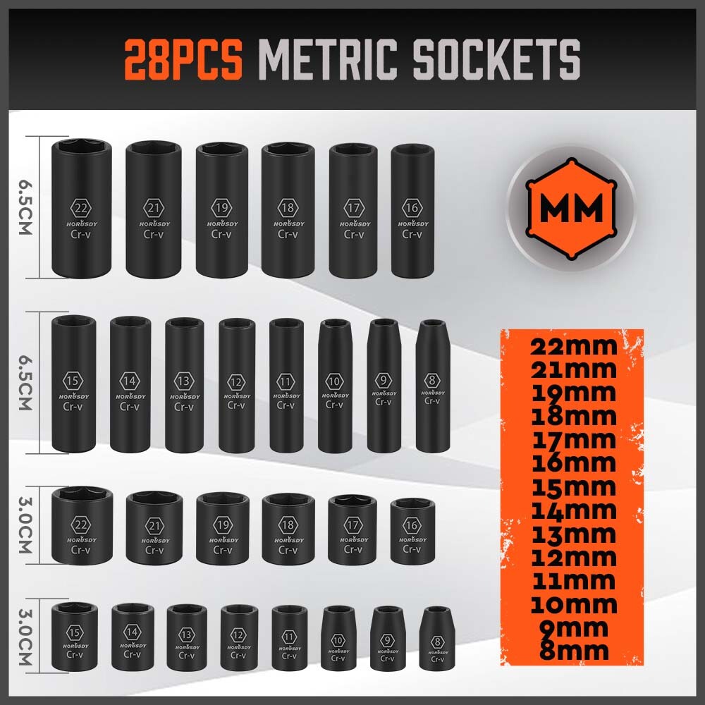 50PCS Impact Socket 3/8″ DR Shallow & Deep SAE & Metric w/ Carry Case