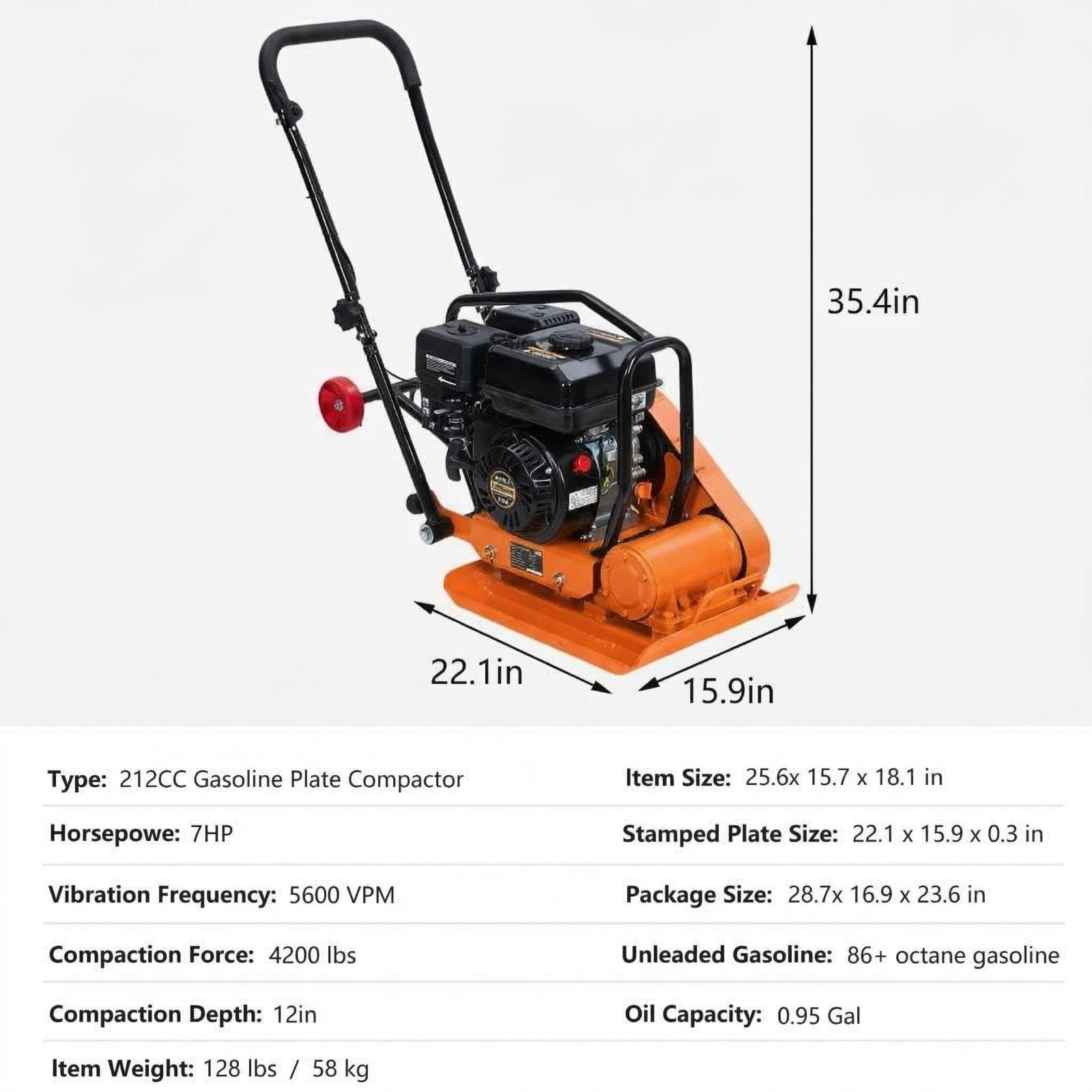 7HP Plate Compactor 4200Lbs Force 212CC Gas Engine Jump Jack Compactor 5600 VPM