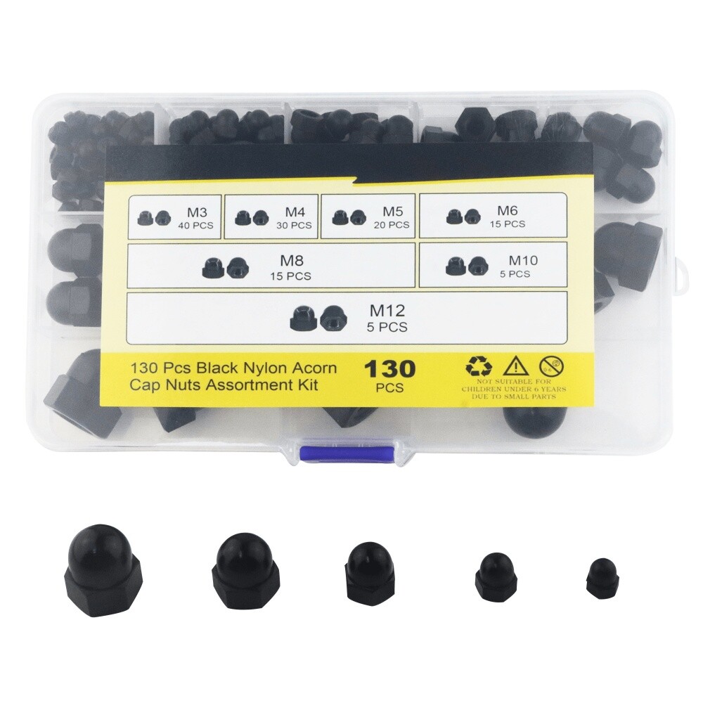 7Sizes 130Pcs Black Nylon Acorn Nut Metric Inner Threaded Cap Nuts Assortment