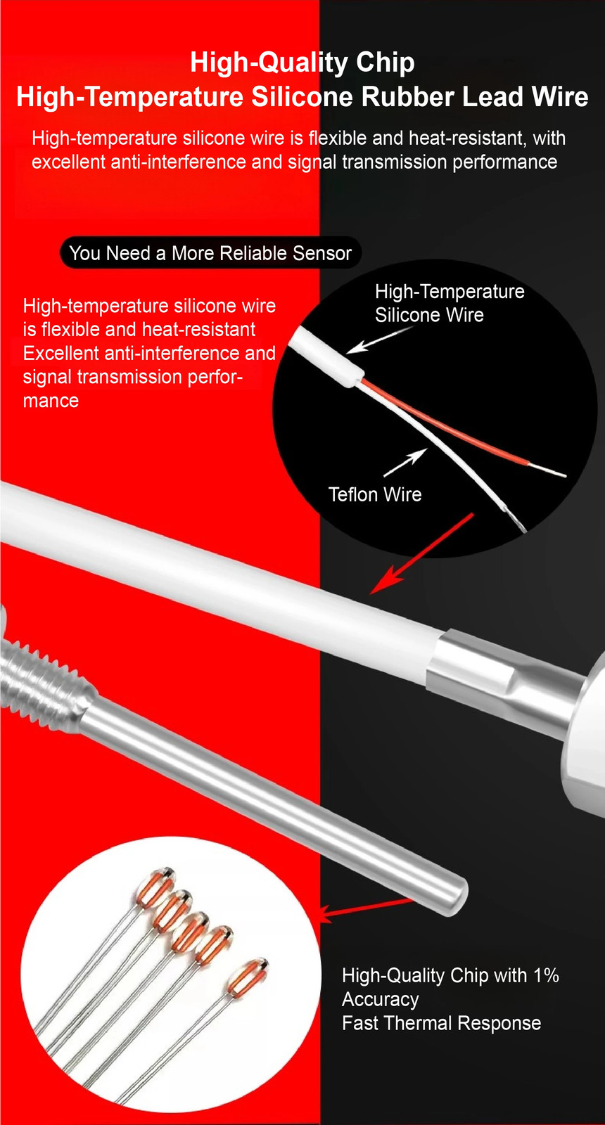 Temperature Sensor Probe NTC 0K/50K/100K M8 Thread SS -50~200°C Fast Response